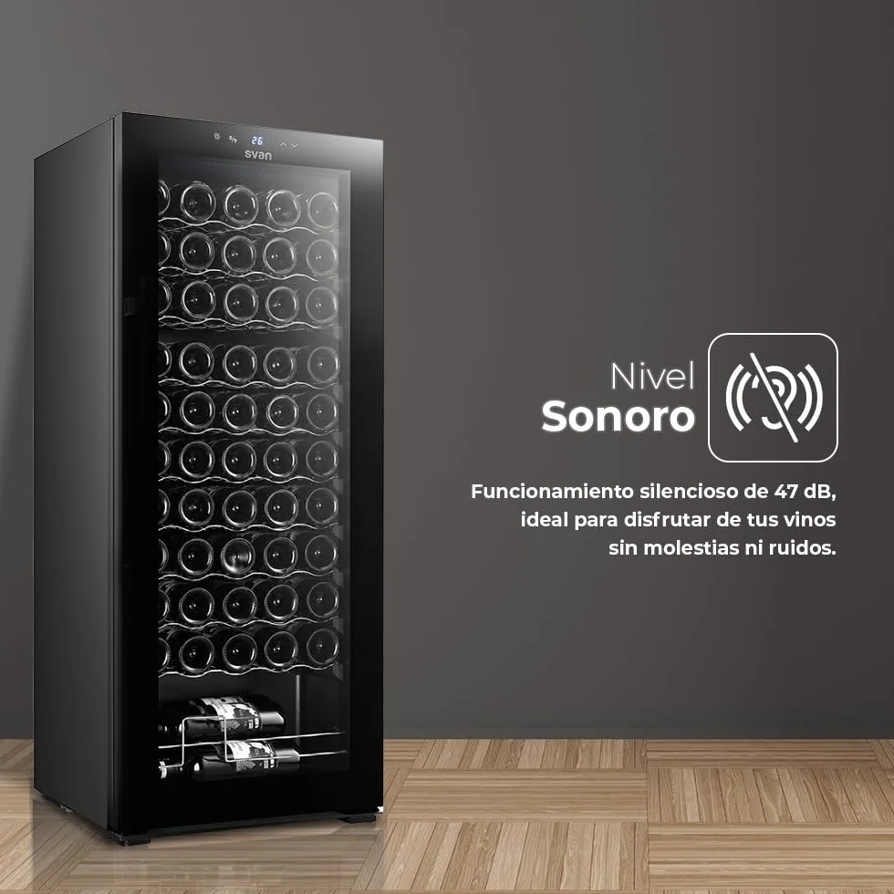 SVAN Vinoteca 55 Botellas Negro SVN5500S. 85W, Display LED táctil, Pantalla Digital Exterior, 10 Baldas de Madera, 1 Rejillas Metálicas, Clase de Eficiencia Enérgetica G