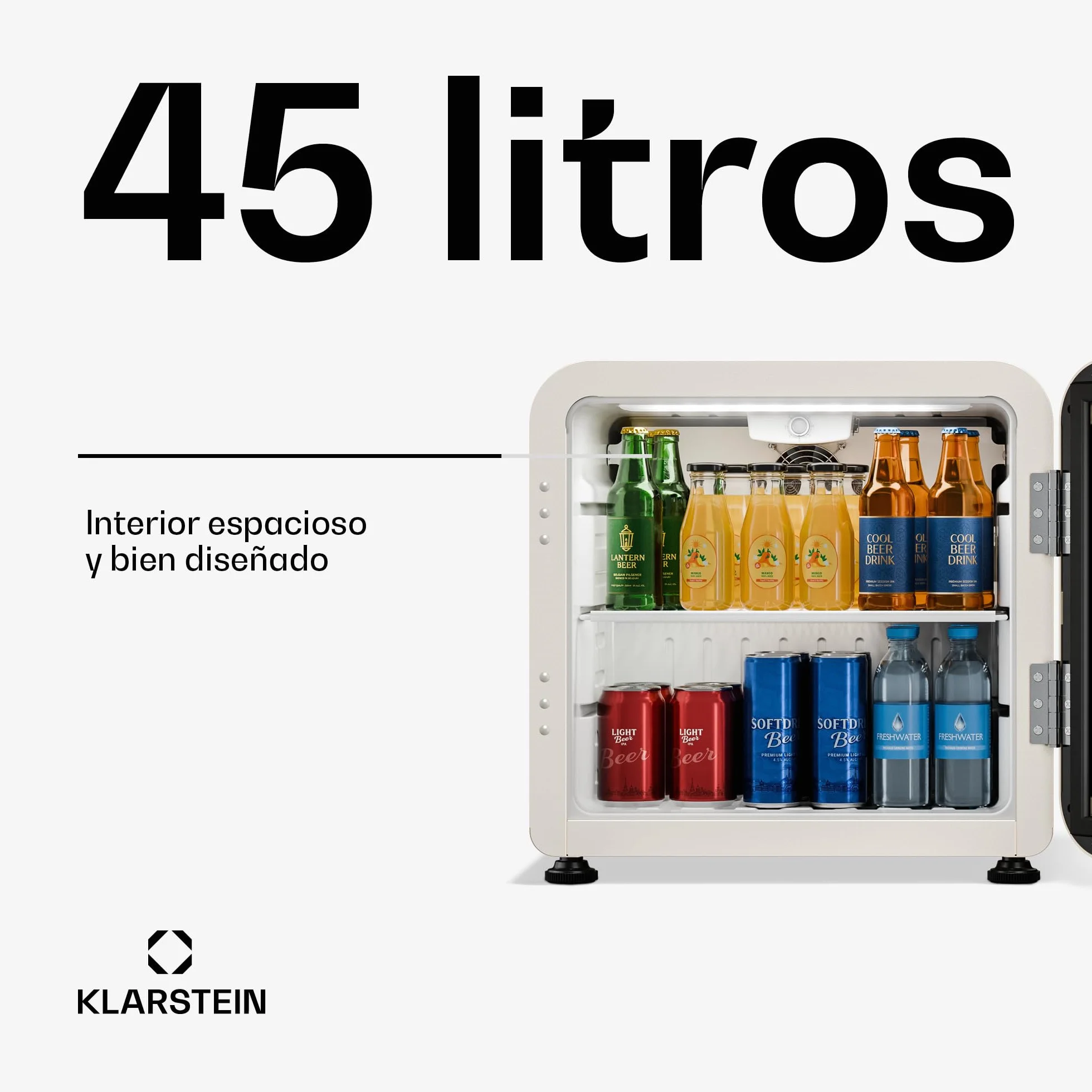 KLARSTEIN Nevera para bebidas Audrey Evo 45 L – Nevera para bebidas con puerta de cristal, luz LED, temperatura ajustable de 0 a 10 °C, funcionamiento silencioso