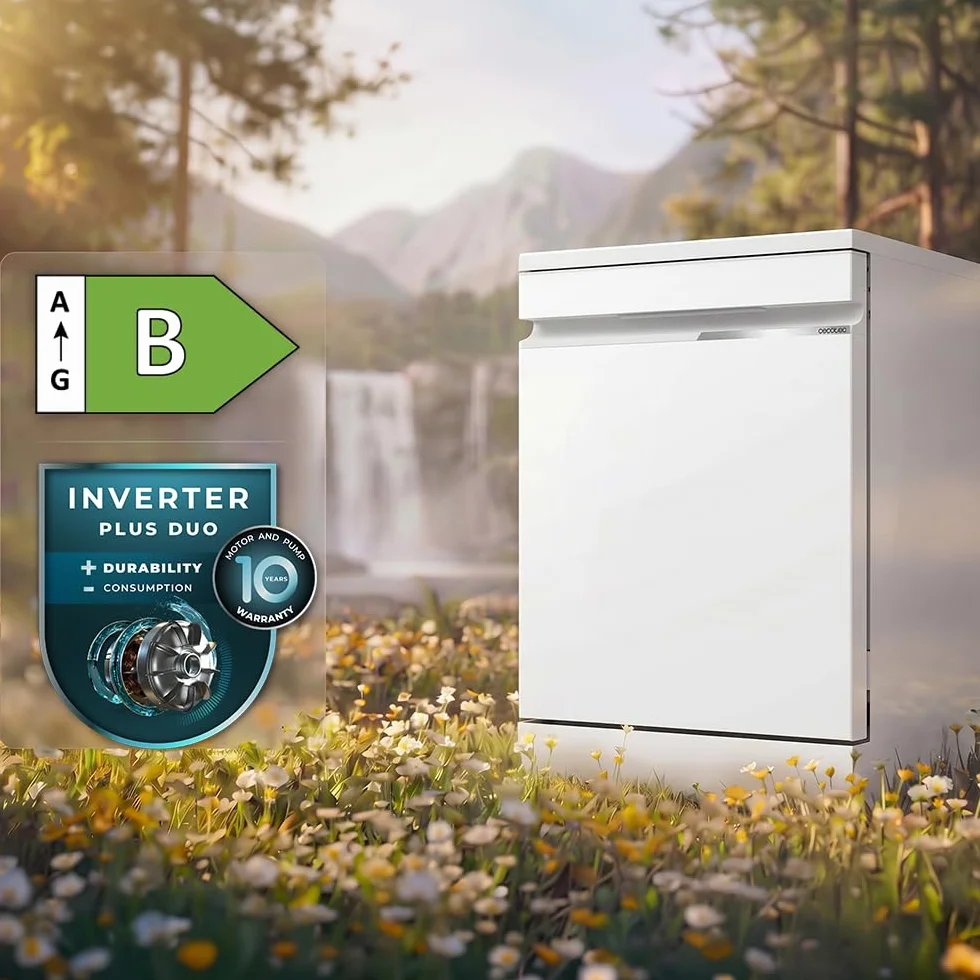 Cecotec Lavavajillas Libre Instalación 60cm 16 Servicios con WiFi Bolero Aguazero 7000 Matt White Glass Connected. Motor Inverter Plus Duo, 16 Programas, Bandeja Cubiertos, Control Voz, Cristal Mate