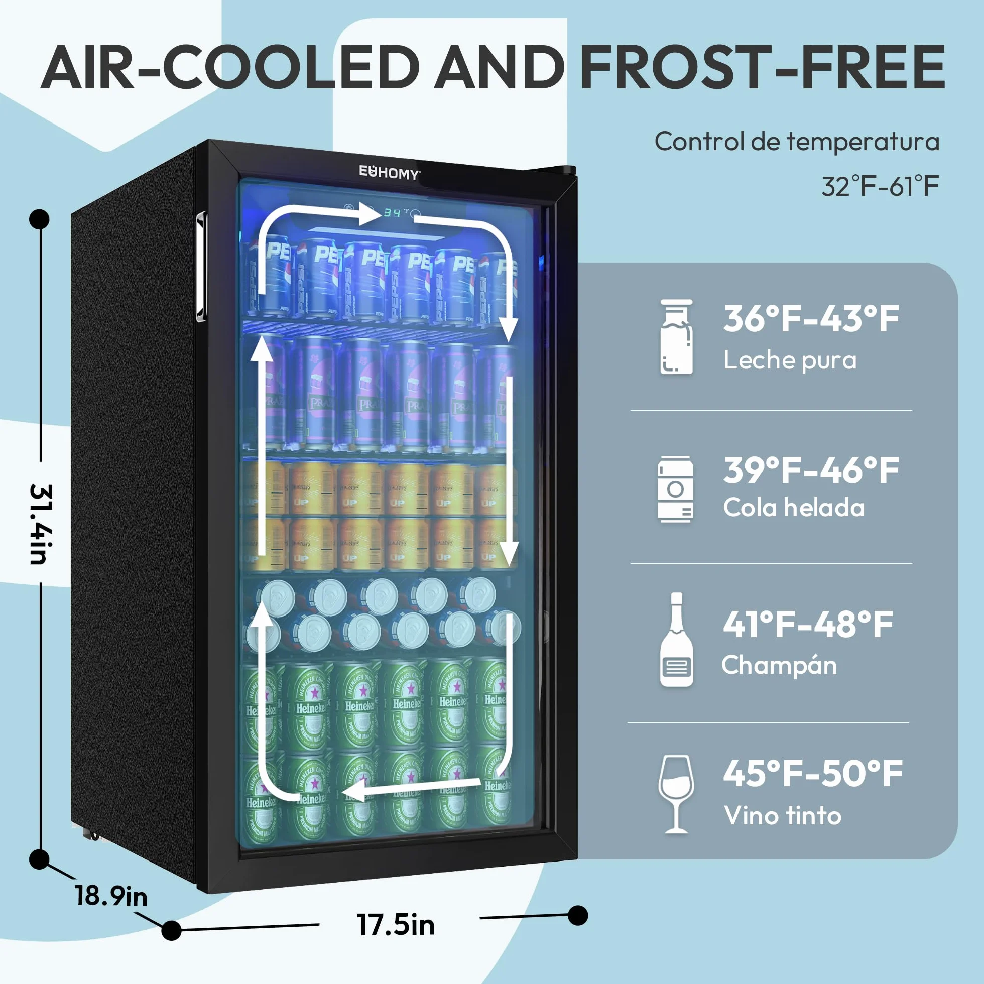 EUHOMY Refrigerador de bebidas, mini nevera para 126 latas con puerta de cristal, nevera pequeña con estantes ajustables para limonada, cerveza o vino, para el hogar/bar/oficina,