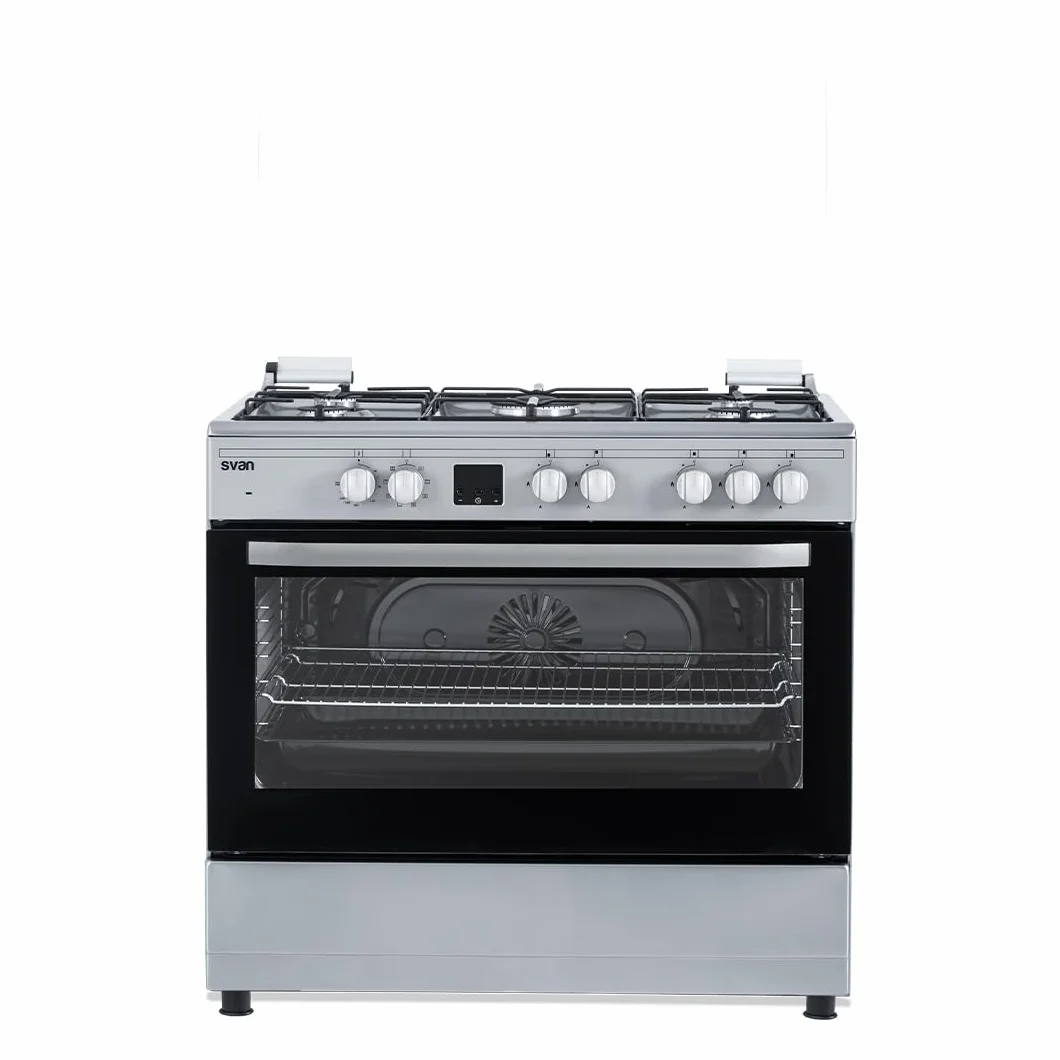 Svan Cocina Mixta gas Butano 5 Zonas de Cocción, Horno 97 L, Inox SKMW5901X. Control Manual, Quemador WOK triple llama, 9 Programas de Cocción, Tapa Abatible