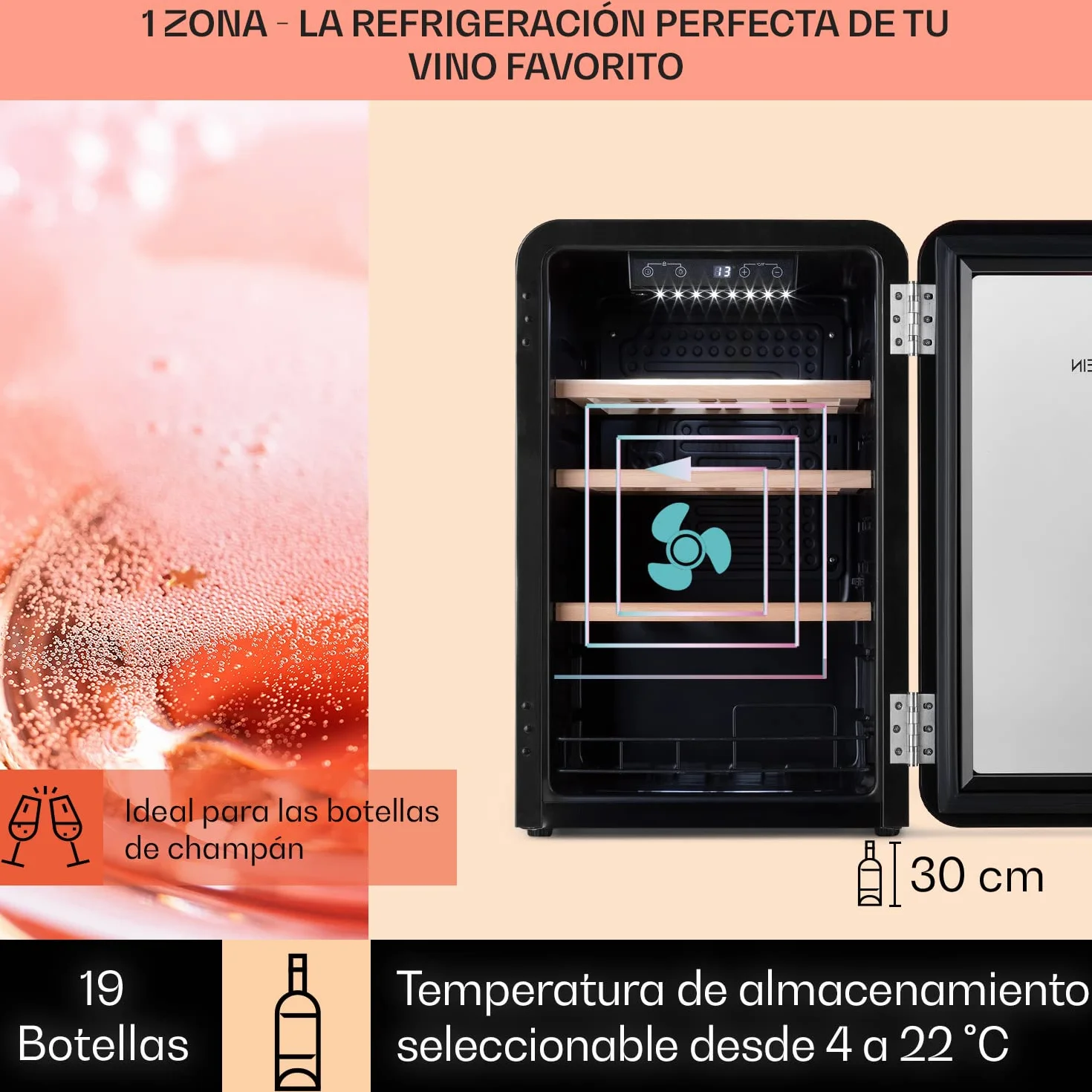 KLARSTEIN Vinoteca 19 Botellas, Nevera Vinos, Una Zona de Refrigeración, Nevera Expositora Vino y Cerveza, Vinoteca Interior y Exterior con Puerta de Cristal, Nevera Vino con Protección UV, 4-22°C