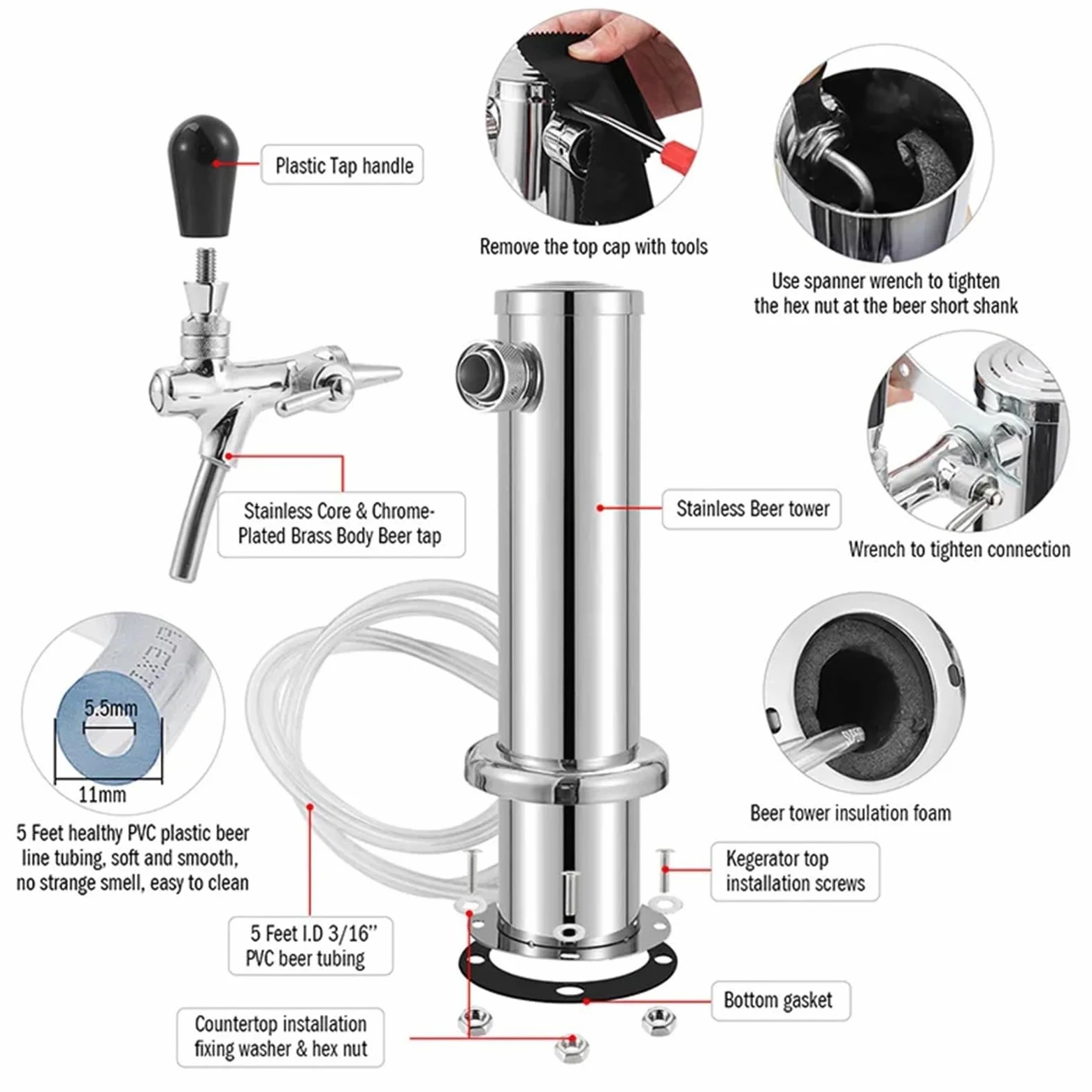 Tirador De Cerveza para Casa Torre de Cerveza, dispensador de Barril de Cerveza de un Solo Grifo, dispensador de Cerveza de Barril de Columna de 3 Pulgadas, con Kit de instalación Completo