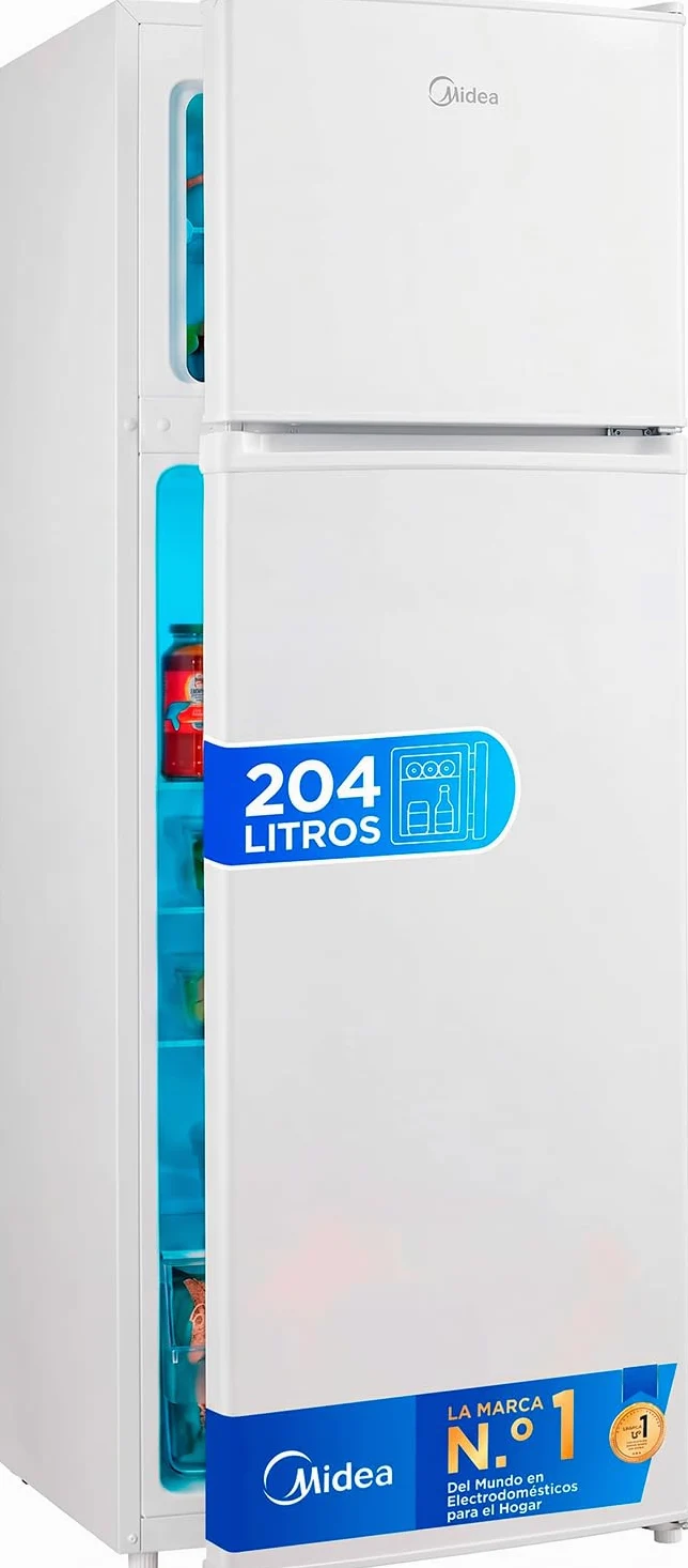 Midea Frigorífico 2 puertas 140 cm alto x 55 cm ancho, Blanco, Capacidad 204 L, Nevera Pequeña con Congelador Low Frost de Bajo Consumo, Puerta Reversible, Luz LED, Silencioso 40dB, Cajón de Frutas