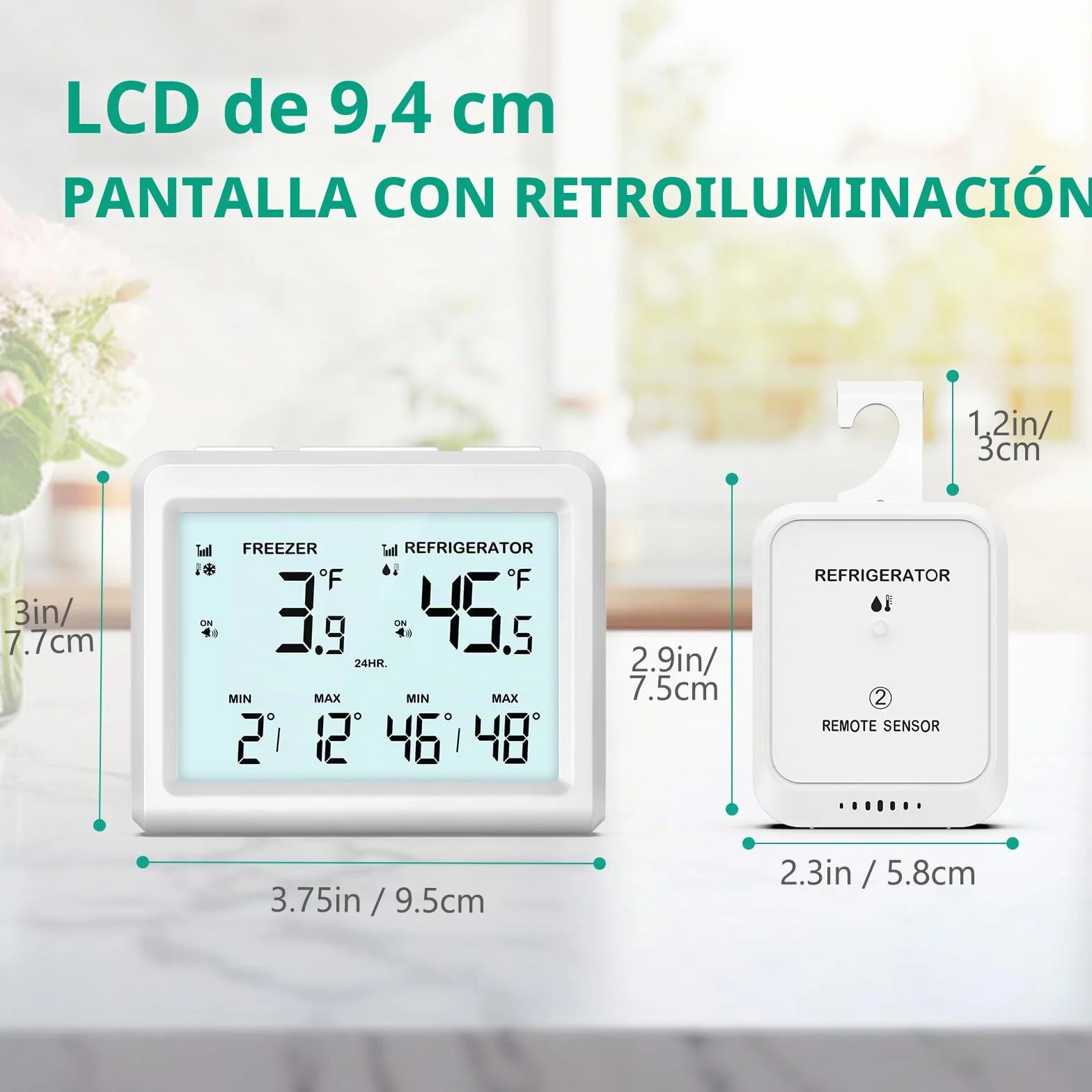 ORIA Termómetro Digital para Congelador, Termómetro para Nevera con 2 Sensores Inalámbricos, Pantalla LCD de 3,7", ℃/℉, Registro Min/Max, 2 Opciones de Montaje para Hogar y Restaurantes