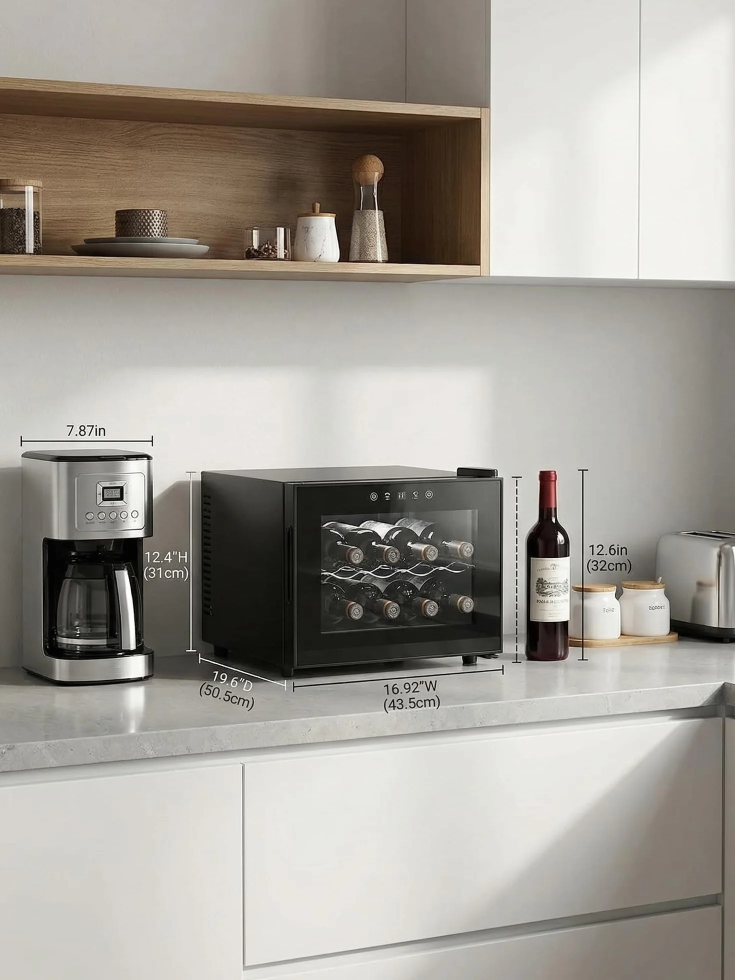FOHERE Vinoteca de 8 botellas, frigorífico de mesa con puerta de vidrio, 22 litros LED + pantalla digital, frigorífico para bebidas con puerta de vidrio, 8-18 °C, zona única