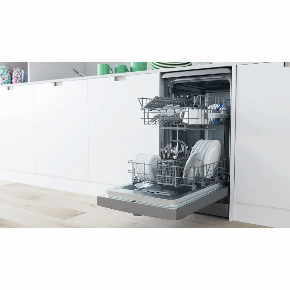 Indesit DSFE 1B10 S lavavajilla Independiente 10 cubiertos A+ - Lavavajillas (Independiente, Plata, Estrecho (45 cm), Plata, Botones, Giratorio, 1,3 m)