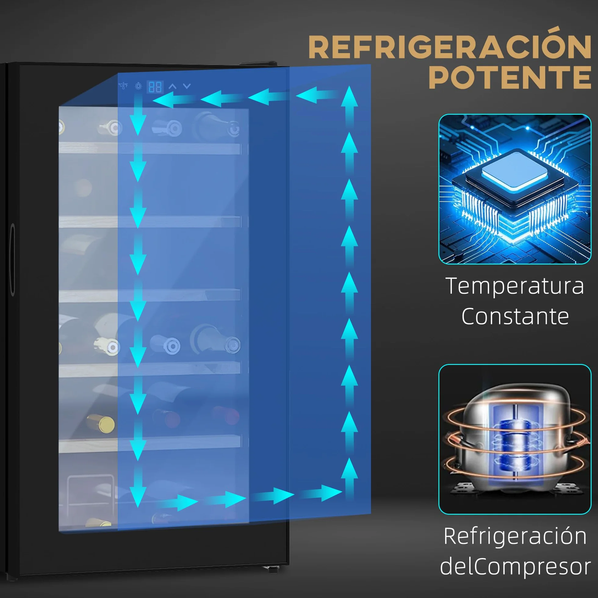 HOMCOM Nevera Vinos 24 Botellas 65L Vinoteca con Luz LED Interior Pantalla Táctil Digital Control de Temperatura Puerta de Vidrio y 5 Estantes de Metal Negro