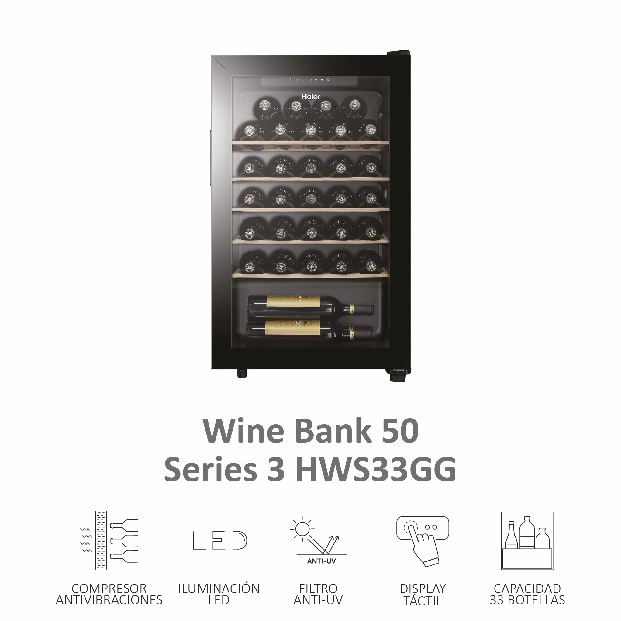 Haier Wine Bank 50 Series 3 HWS33GG- Vinoteca de 33 Botellas,Estantes de Madera,Filtro Anti-UV, Refrigeración por Compresor,Display Digital,Iluminación LED,Silenciosa 37 dbA, Antivibraciones