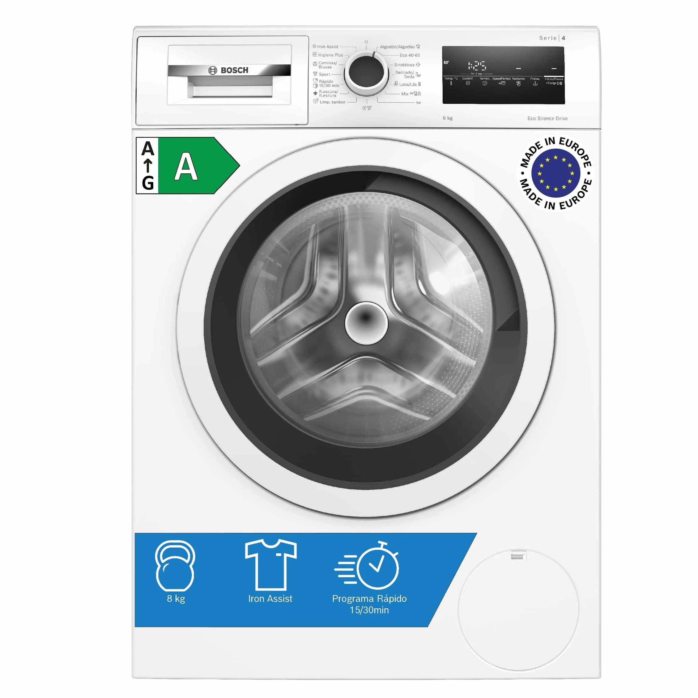 Bosch - Lavadora Libre Instalación, 8 kg, 1200 RPM, Serie 4, Función Pausa + Carga, Iron Assist, Motor EcoSilence, Blanco, WAN24272ES