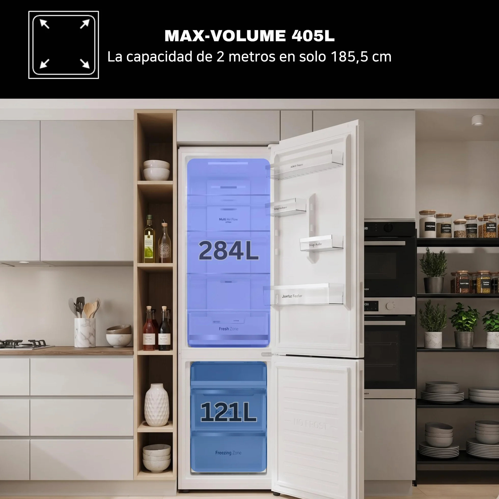 VOK Frigorífico Combinado No Frost 405L en 185.5cm - Compresor Inverter Silencioso 37dB, MaxVolume, Zona 0°C, Multi Air Flow, Clase E, Blanco, EVR-405NEW