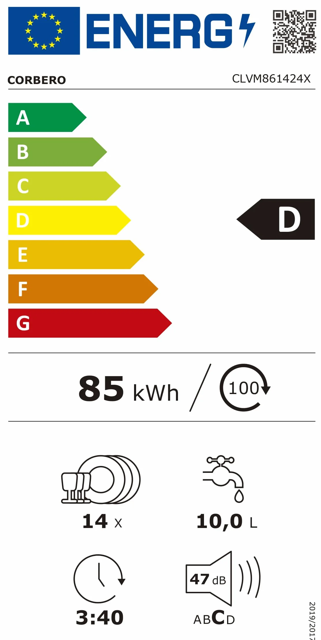 Corberó - Lavavajillas Gama Excellence | CLVM861424W | 14 Servicios | 6 Programas, 4 Temperaturas, Indicadores LED, Inicio Diferido, 3ª Bandeja, Función Media Carga | Blanco