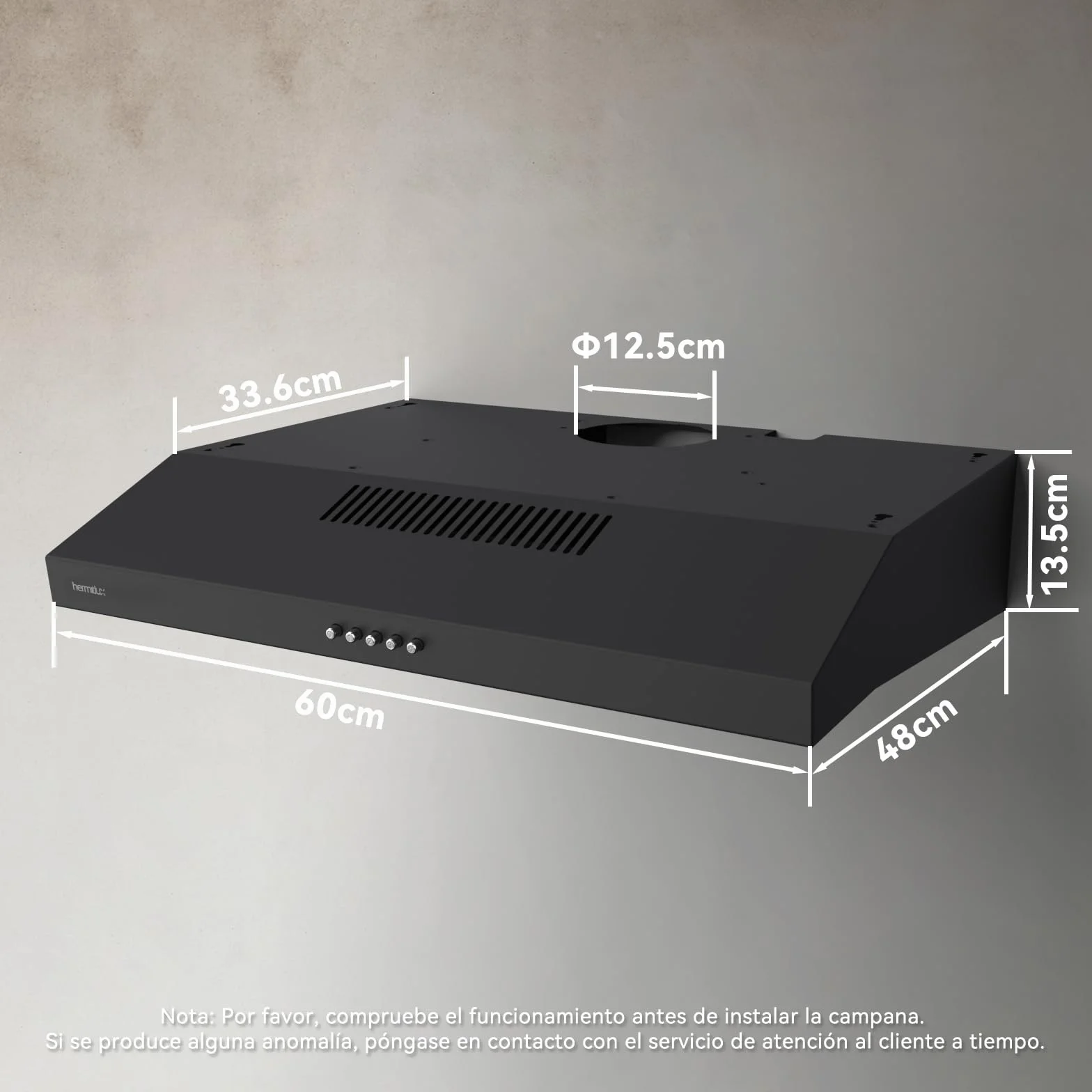 Hermitlux Campana Extractora de 60cm, 200m³/h, Evacuación/Recirculación, Iluminación LED, Incluye Filtro de Carbón Activado, Acero Inoxidable Negro
