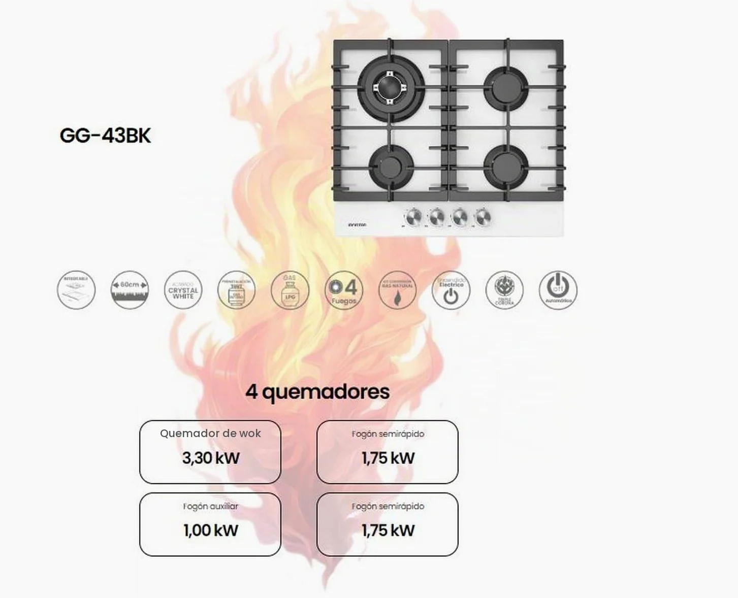INFINITON Placa de Gas GG-43BK, 4 Fuegos, Ancho 60 cm, Acabado en Crystal White, Encendido Electrico, Compatible con Gas Butano/Propano y Gás Natural