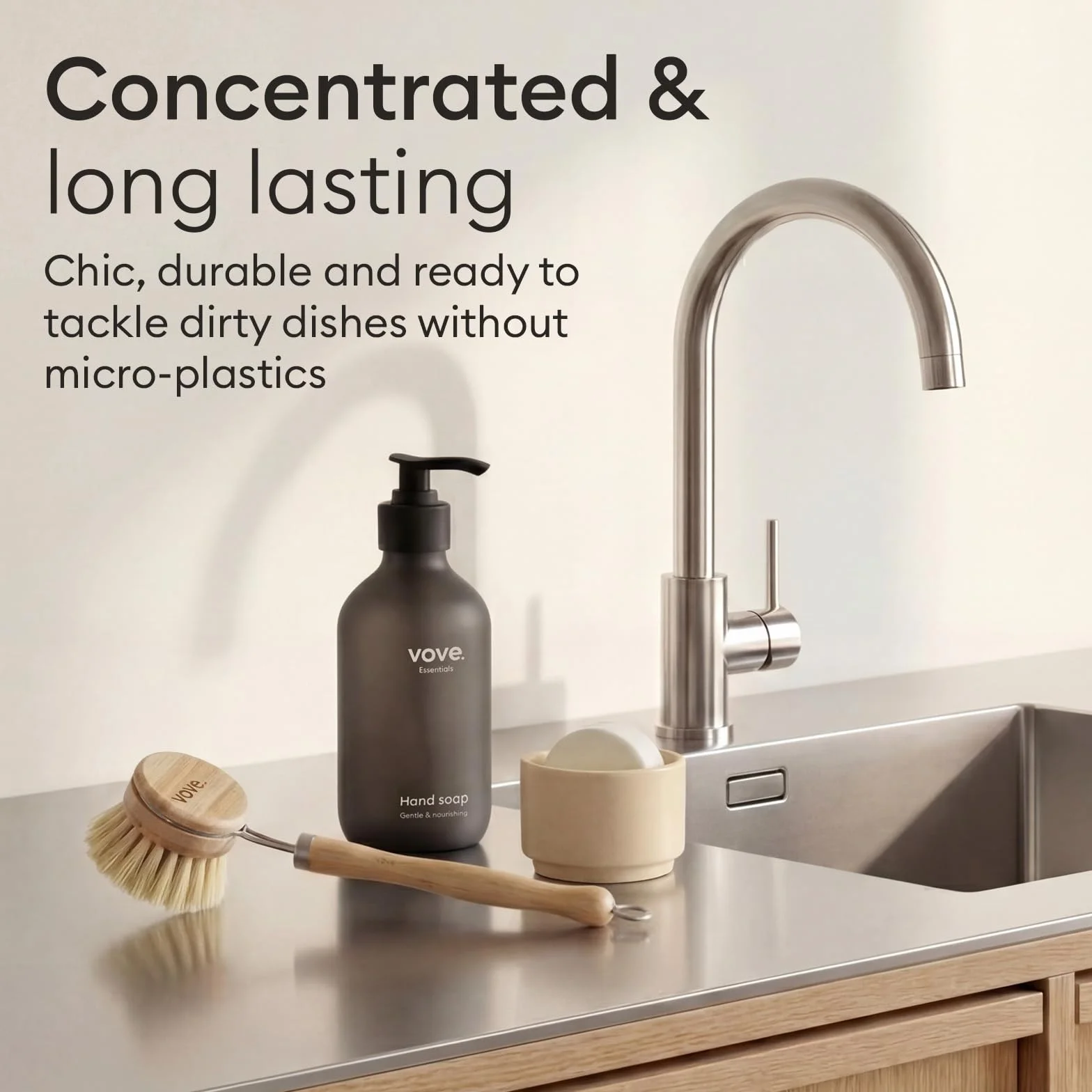 Vove | Paquete completo de lavavajillas ecológico | Cepillo para platos, cepillo para fregar, 3 esponjas y 30 tabletas para lavavajillas | Limpieza sostenible y biodegradable | Limpieza sostenible |