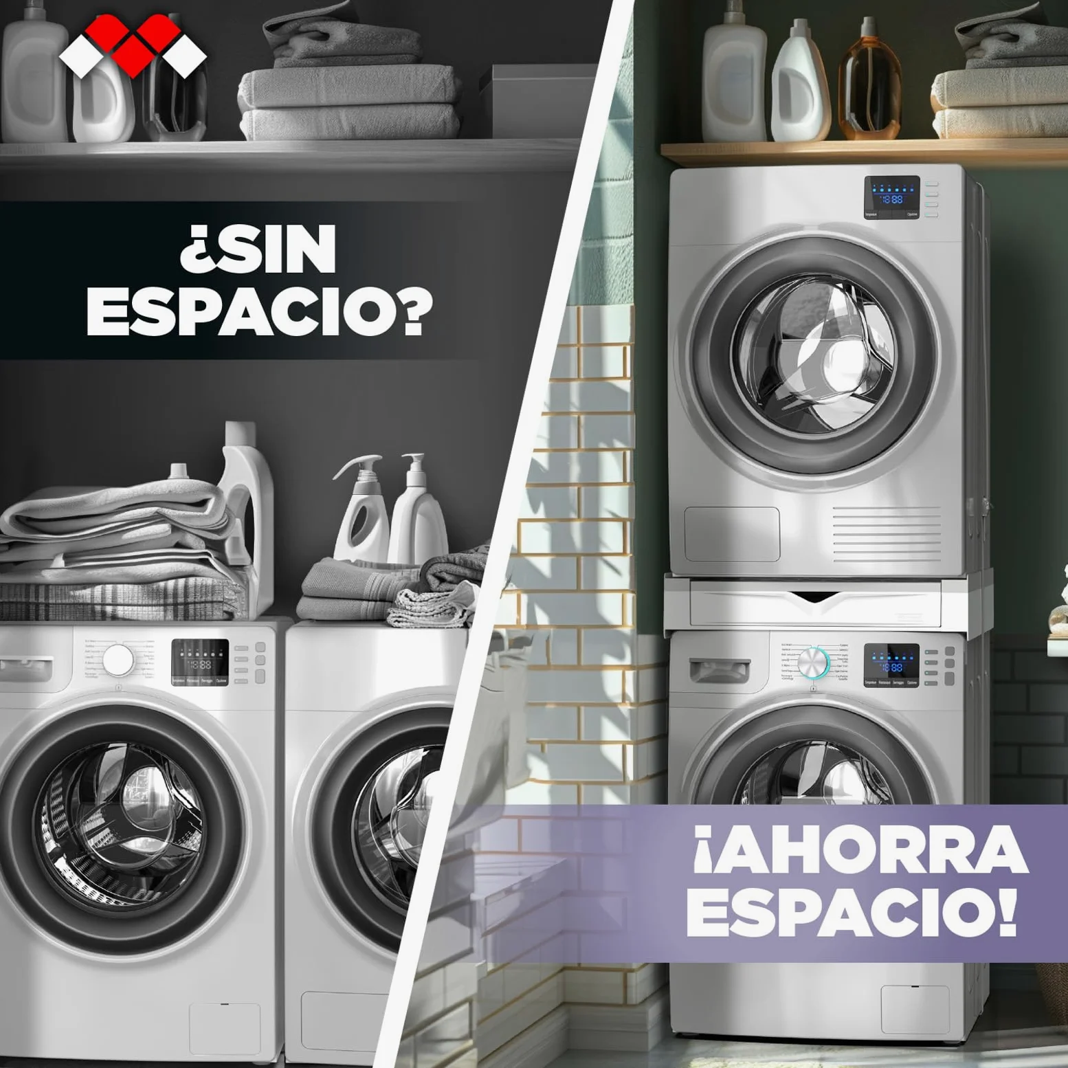 Meliconi Torre Duo, Kit Apilamiento Lavadora Secadora 2 en 1 | Premontado, con Estante de Apoyo y Compartimento de Almacenamiento, Cinta de Seguridad, Capacidad 250kg, Made in Italy, Negro