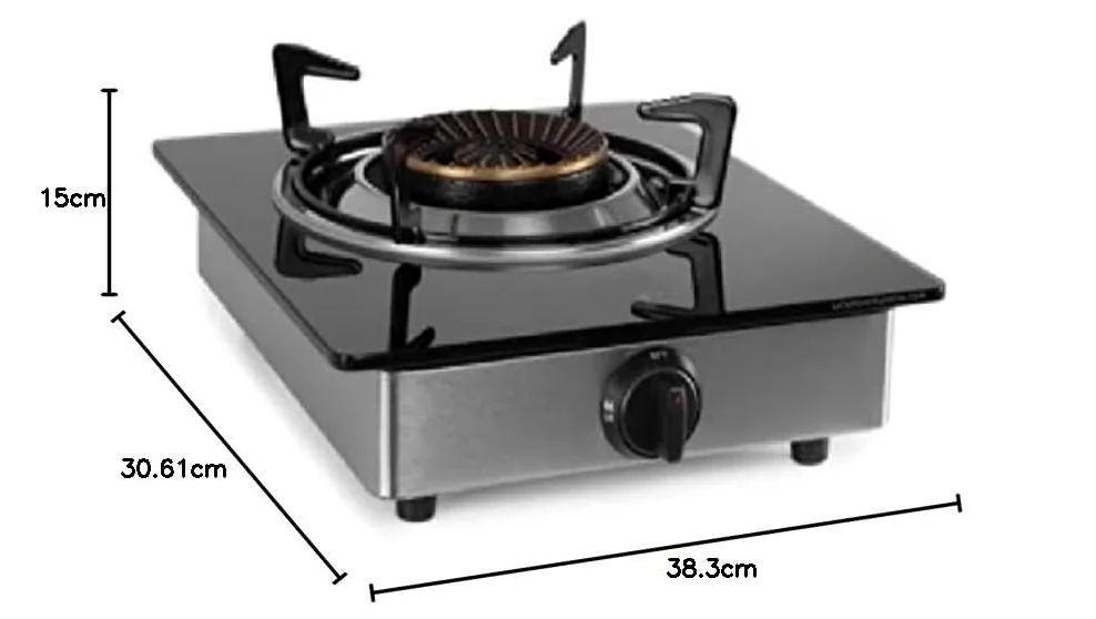 Hornillo a gas, cuerpo INOX y superficie de cristal templado negro (7mm). Combustible: Gas butano o gas propano. Apto para uso interior-exterior.