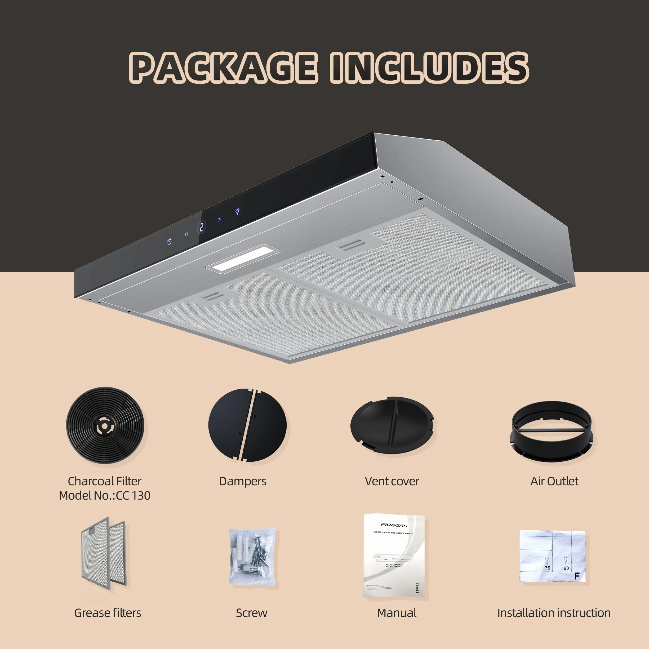 FIREGAS campana extractora bajo mueble 60cm, extracción y recirculación 3 niveles, carbón activo, control por pantalla táctil