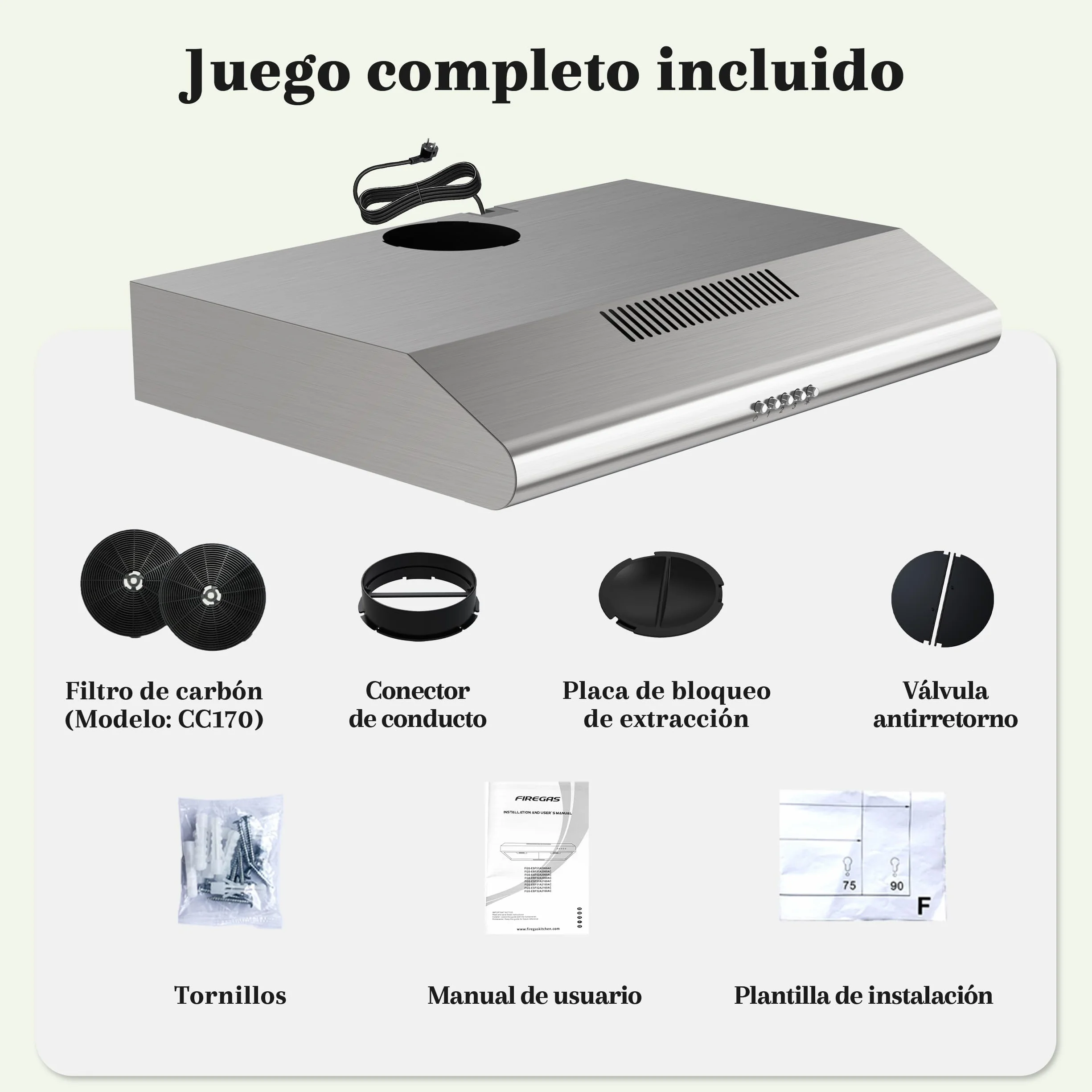 FIREGAS Campana Extractora 60cm A++, Motor Brushless Silencioso 46dB, Capacidad 319m³/h, Acero Inoxidable, Salida Superior/Trasera o Recirculación, Incluye 2 Filtros de Carbón