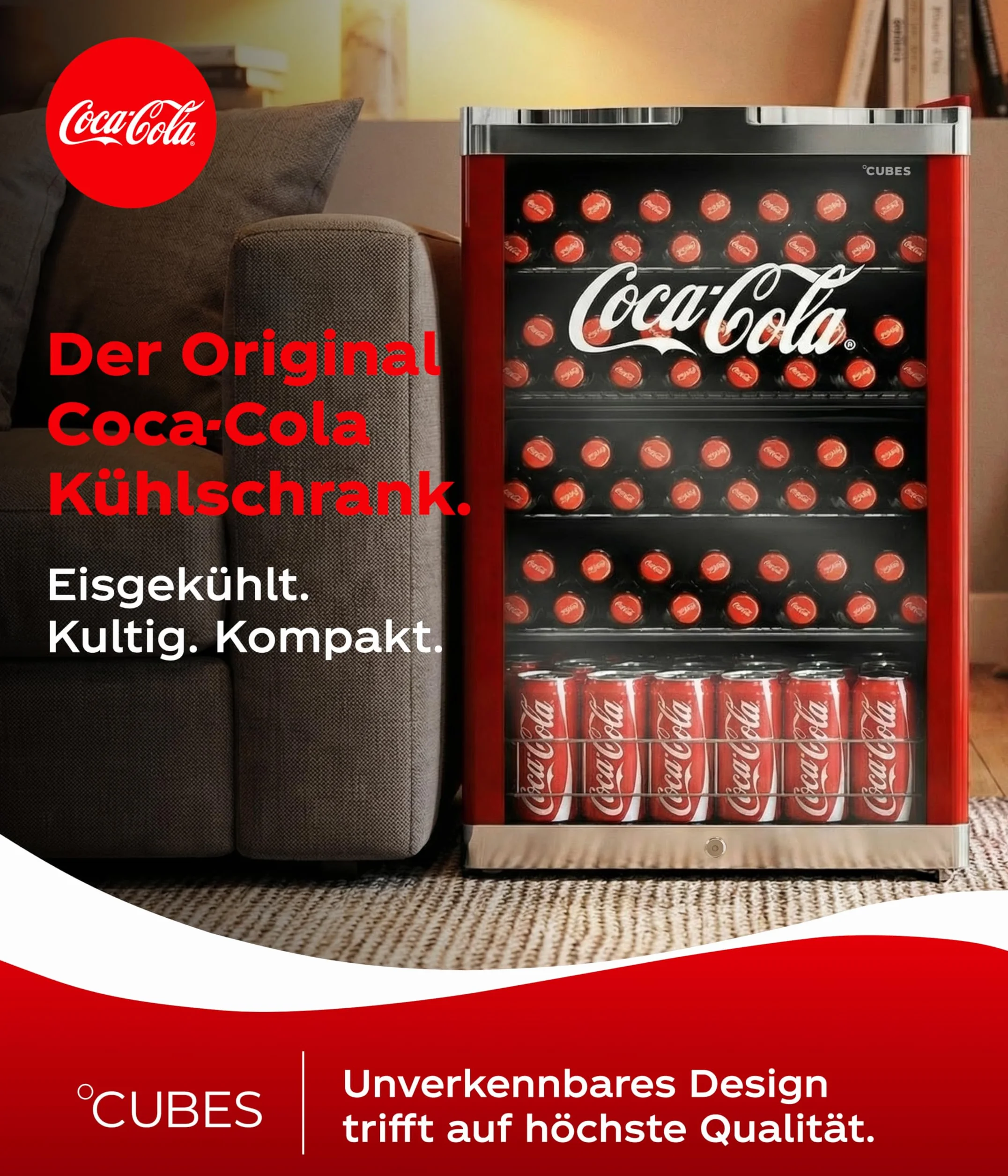 °CUBES Frigorífico Coca Cola de 115 l, refrigerador grande con puerta de cristal, perfecto para fiestas y comercios, eficiencia energética, 84,5 cm de alto, 104 kWh/año, nevera grande para botellas