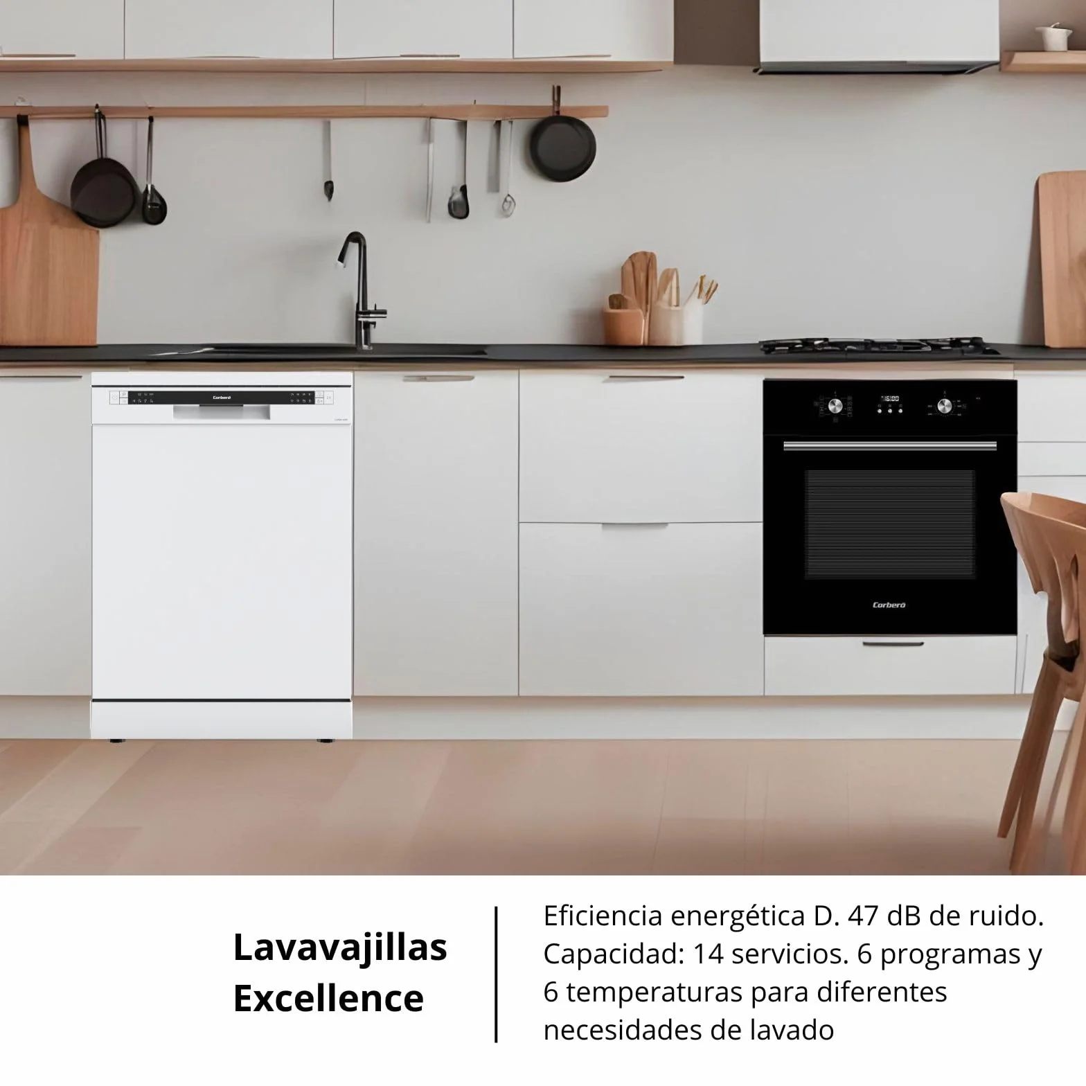 Corberó - Lavavajillas Gama Excellence | CLVM861424W | 14 Servicios | 6 Programas, 4 Temperaturas, Indicadores LED, Inicio Diferido, 3ª Bandeja, Función Media Carga | Blanco