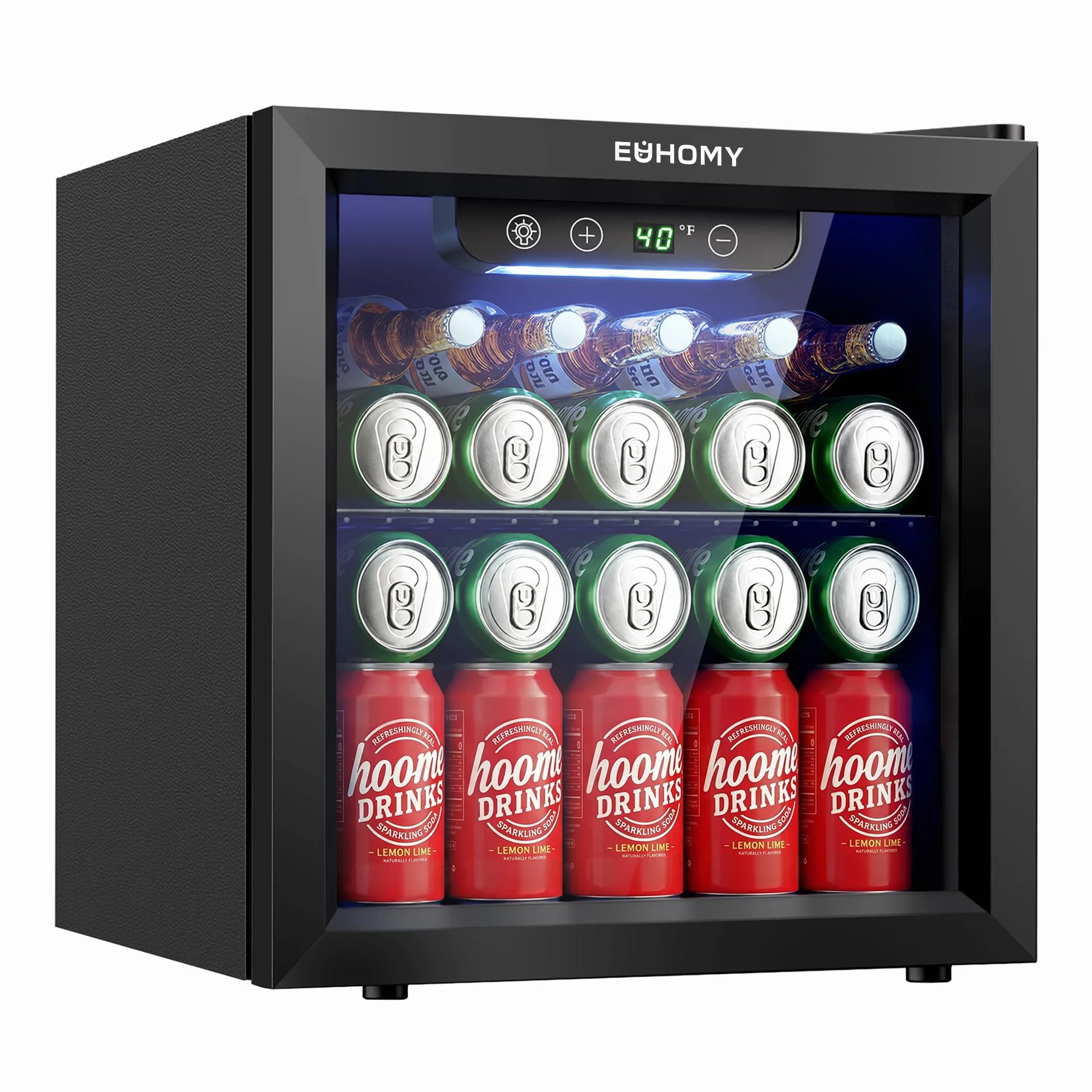 EUHOMY Frigorífico para Bebidas, Mini Frigorifico con Puerta de Cristal, Nevera Pequeña, Refrigerador de Sobremesa para 55 Latas, Mini Fridge para Oficina, 36 Litros, Mini Nevera de Bajo Ruido, Negro