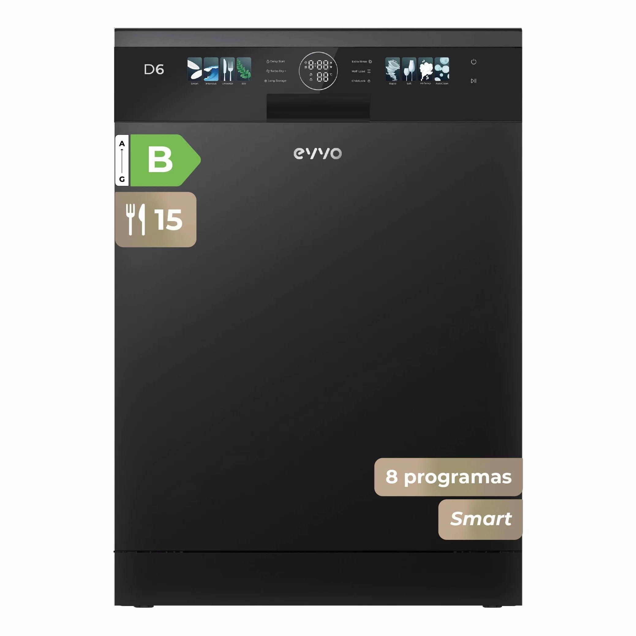Lavavajillas D6 Libre Instalación 60 cm - Clase B Alta Eficiencia, 15 Cubiertos, 8 Programas, Apertura Automática, Luz UV e Inicio Diferido - Lavavajillas Acero Inoxidable Inox - Secado Turbo (Negro)