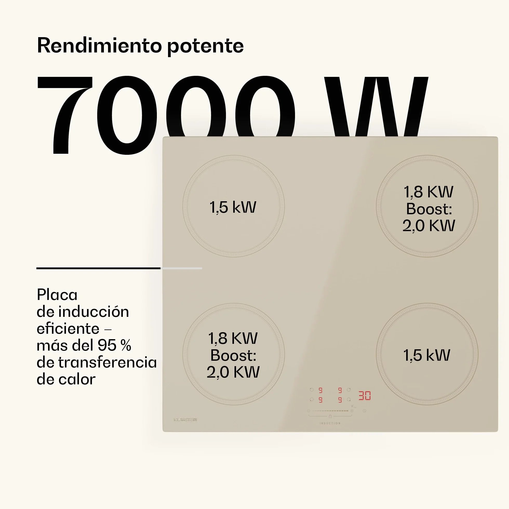 Klarstein Victoria Placa Inducción - 4 Zonas, 7000W Con Potenciadores, Control Deslizante, Temporizador & Bloqueo Infantil, Cristal Cerámico Crema, Diseño Encastrable 59cm