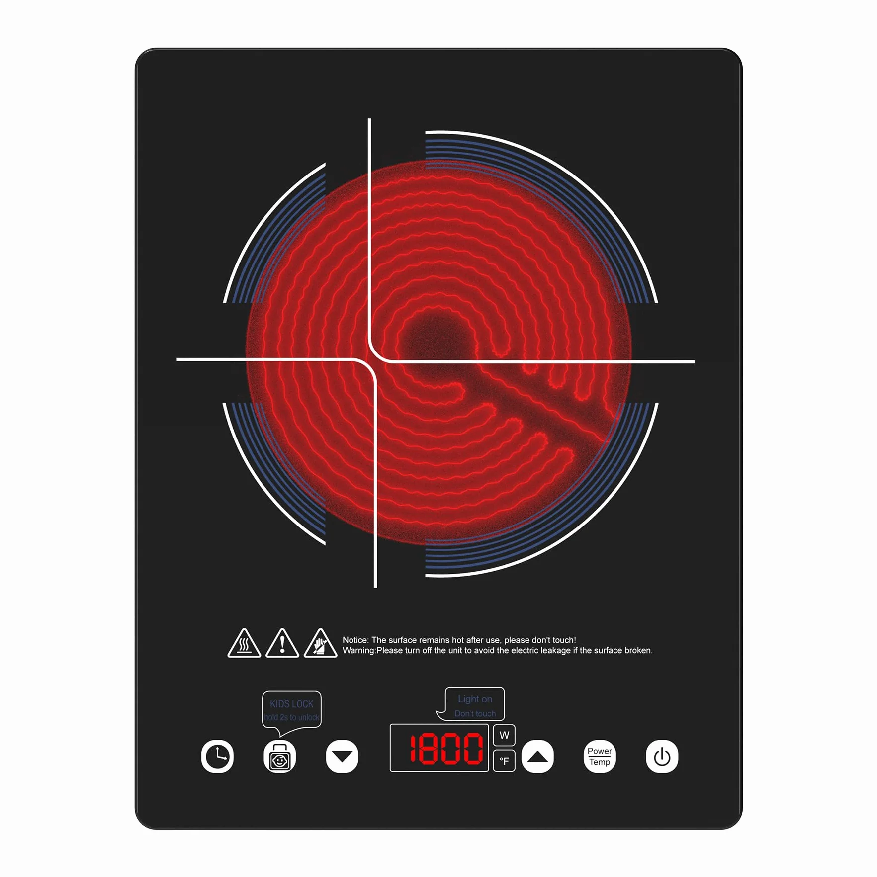 Placa Vitrocerámica 1 Fuego 2000W: Hornillo Eléctrico Portátil con 10 Niveles de Potencia y Temperatura, Temporizador, Compatible con Todas las Ollas, ideal para camping, cocina y oficina