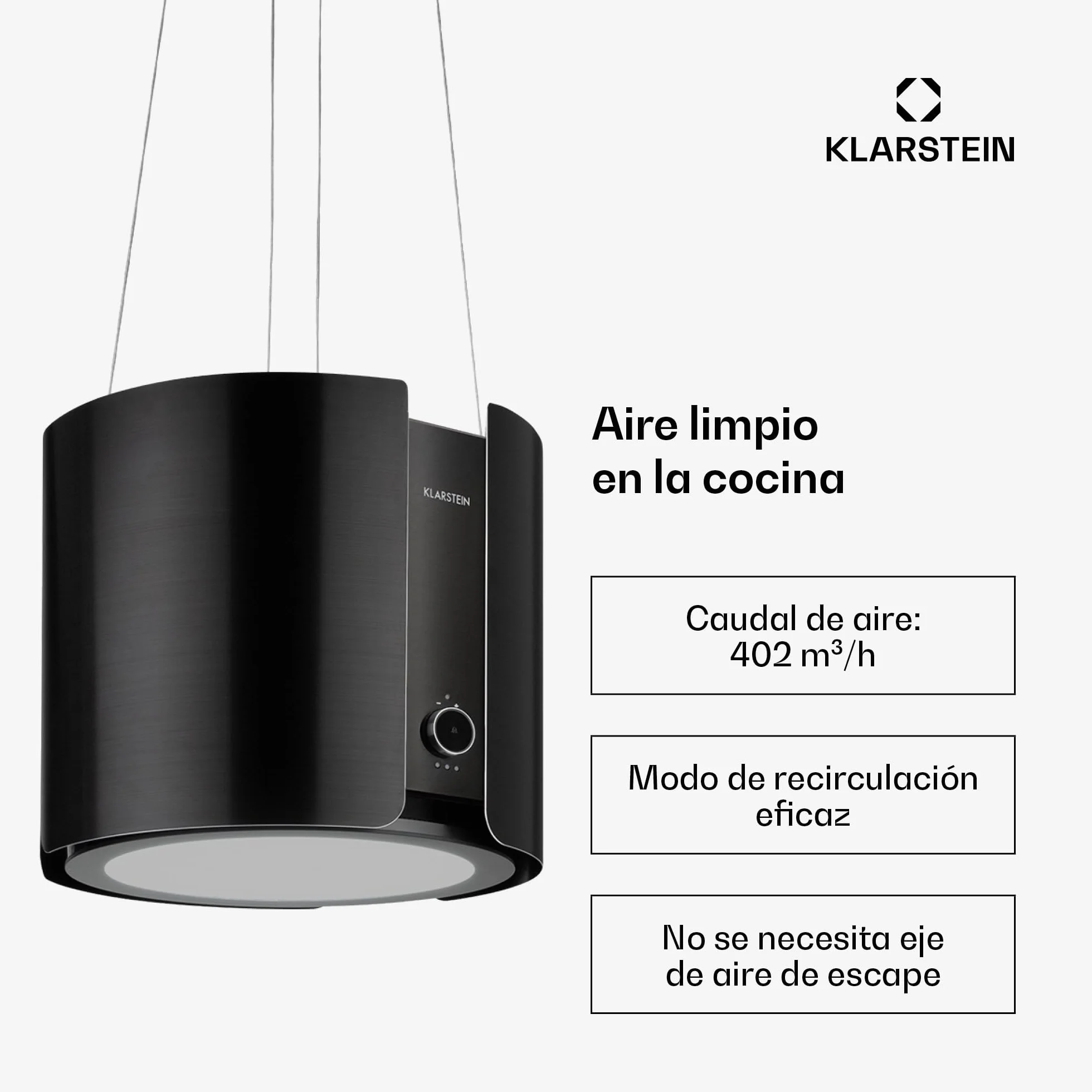 Klarstein Skyfall Smart – Extractor de humo tipo isla, campana aislada, control por aplicación móvil, 45 x 42 cm (ØxB), ventilación y extracción, 3 niveles, 402 m³/h iluminación LED, clase C, negro
