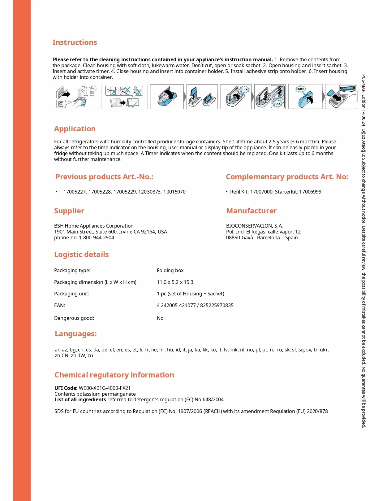 Kit de arranque Fresh Protect con recarga y paño de microfibra – Filtro absorbente de gas etileno para frutas y verduras – Mantiene frescor en el frigorífico compatible con Bosch, Siemens Neff