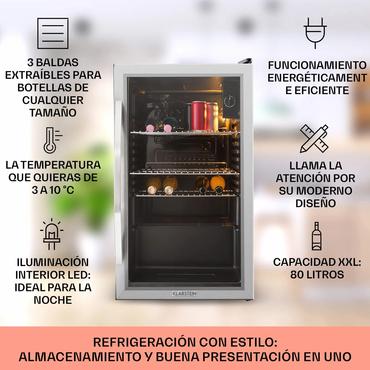 KLARSTEIN Mini Nevera Pequeña con Puerta de Cristal para Habitaciones, 80 L, Frigorifico Portatil Electrico con Estantes para Bebidas