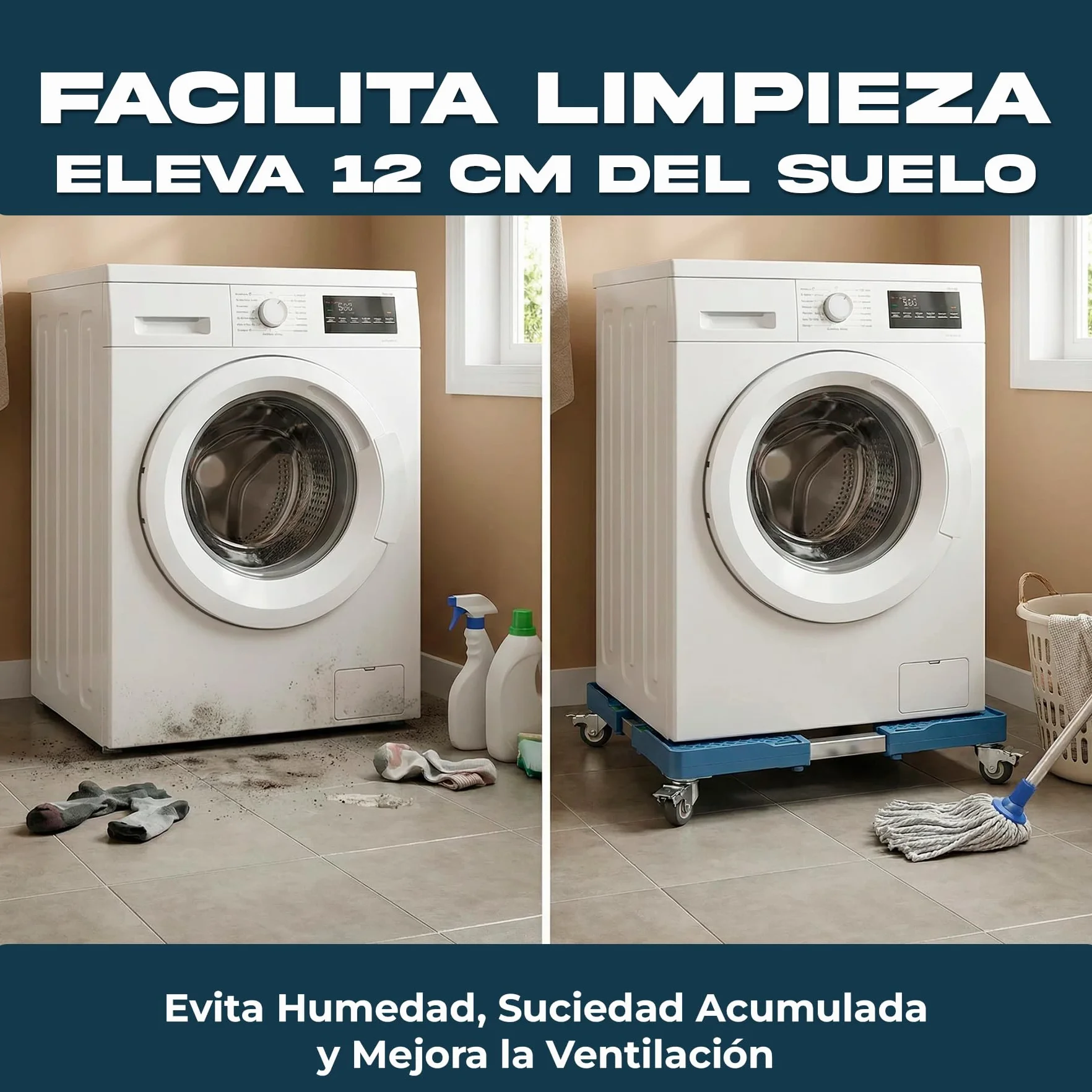 Base Regulable Carro para Lavadora con Ruedas Cia&Co – Soporte Ajustable 42,5–65 cm – Plataforma Móvil profesional hasta 300 kg – Para Frigorífico, Secadora y Electrodomésticos (BASE + 4 RUEDAS)