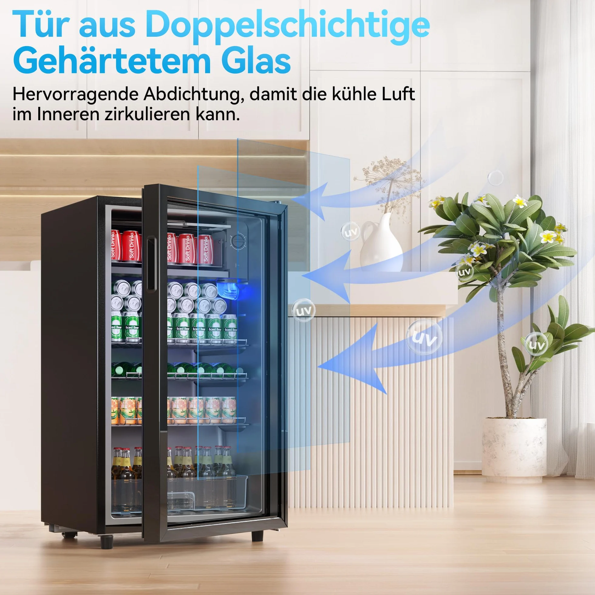TRIUMPHKEY Nevera para Bebidas, Nevera Compacta de 85 Litros con Luces LED Azules, Nevera para Cerveza, Diseño de Puerta Completa de Cristal con 4 Estantes y Botelleros para Refrescos, Cerveza y Vino.