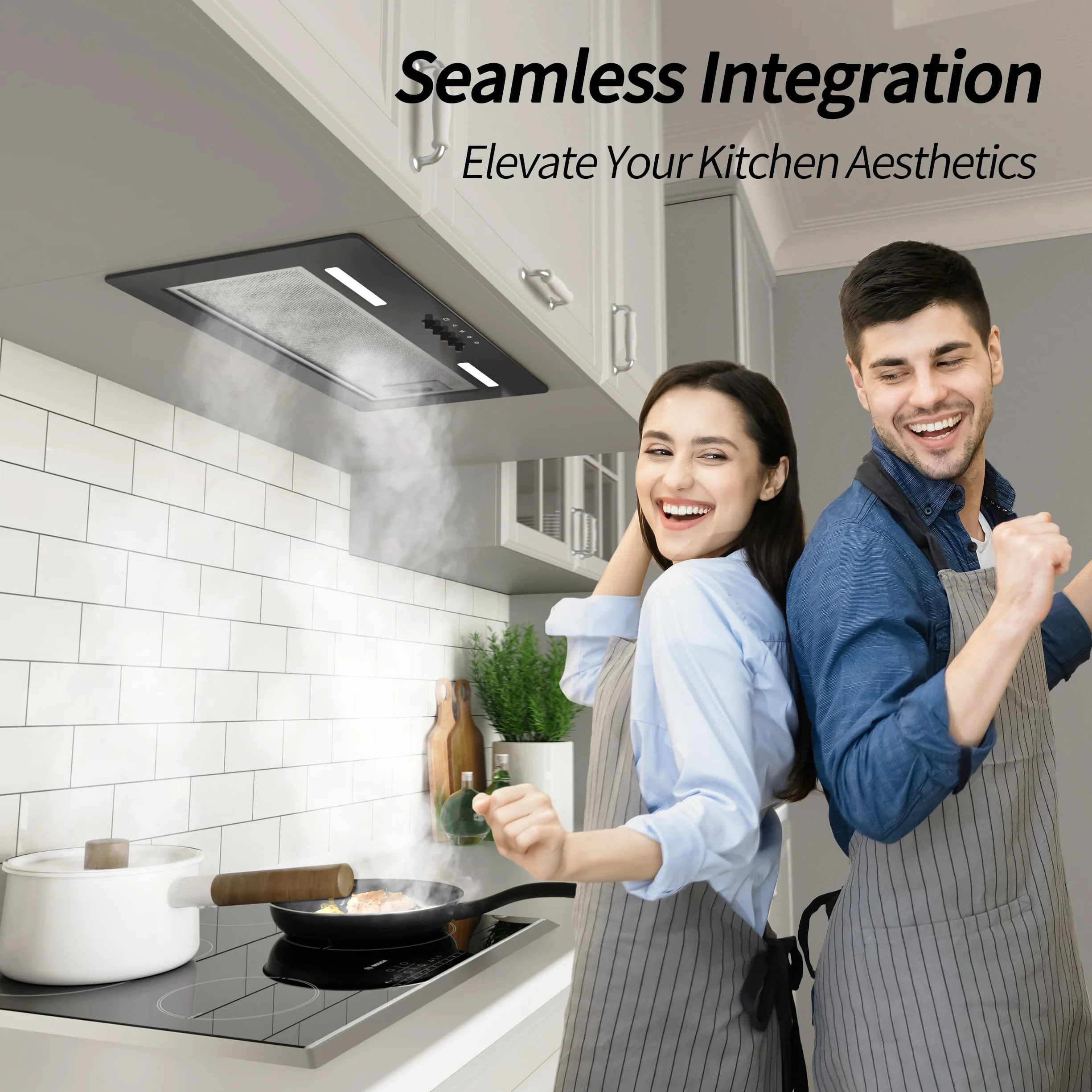 FIREGAS Campana Extractora Incorporada 52 cm,Campana de Cocina Negra con 3 Niveles de Potencia, 350 m³/h, Modo de Circulación de Aire, Filtro de Aluminio y Carbón