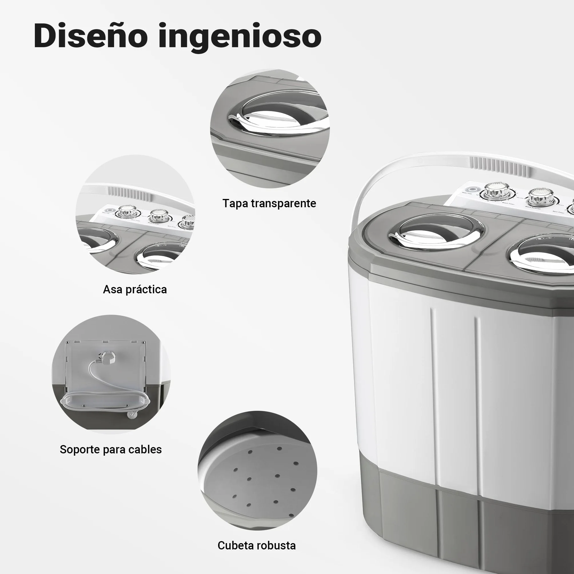 Wiltec Lavadora de camping portátil de doble tina 230 W 3 kg lavado y 2 kg centrifugado con temporizador mini lavadora compacta para camping, pisos pequeños, cubeta doble para lavado y centrifugado