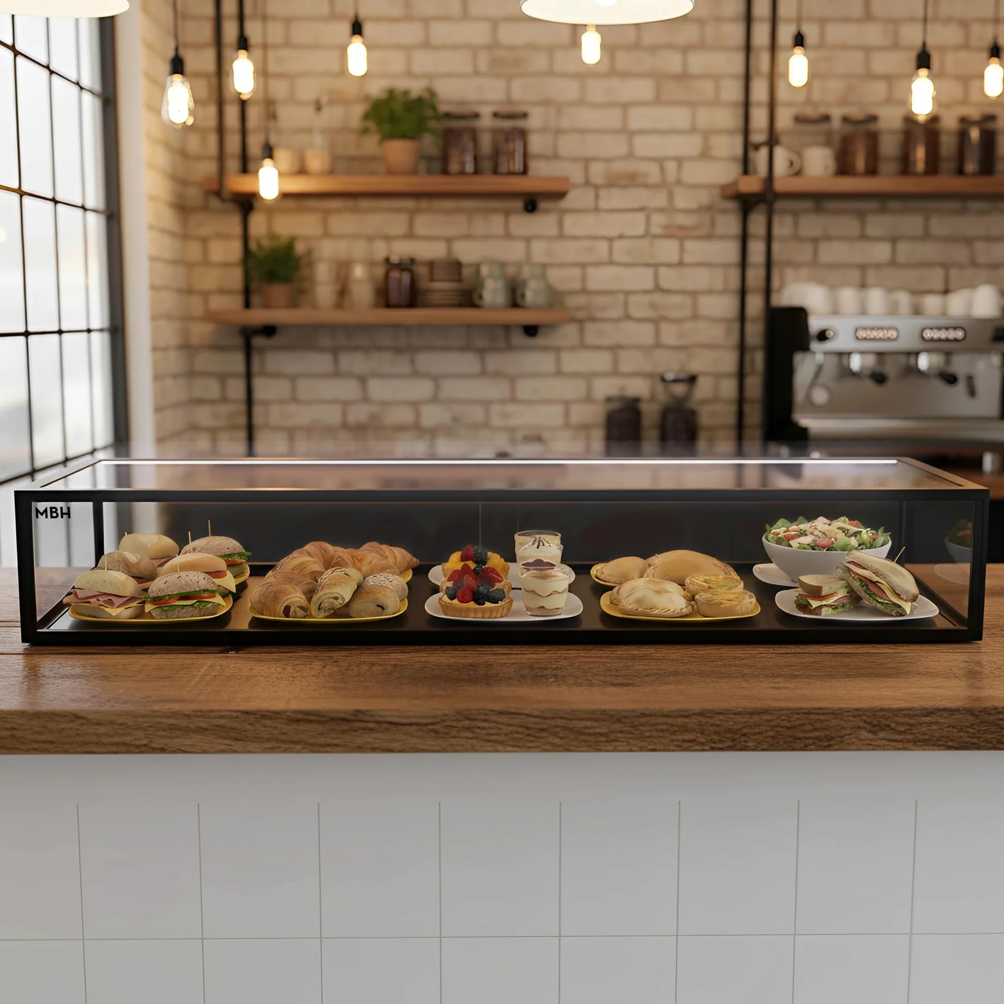 MBH - Vitrina Expositora Neutra de Sobremostrador 120x33 cm, Cristal Recto Templado, 1 Piso, con Iluminación LED, Puertas Traseras Correderas, para Bar, Cafetería, Restaurante, Bollería y Repostería.