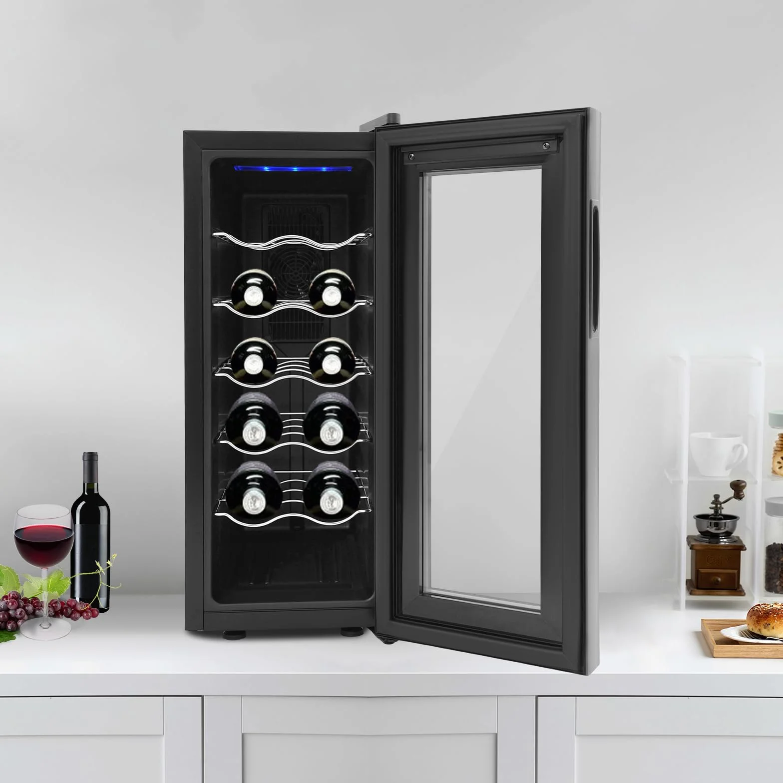 12 botellas de vino, gabinete climatizado, pantalla LED y panel táctil intuitivo, hay cinco estantes, familia, oficina, hotel, bar, club, rango de refrigeración del 55 % al 75 %