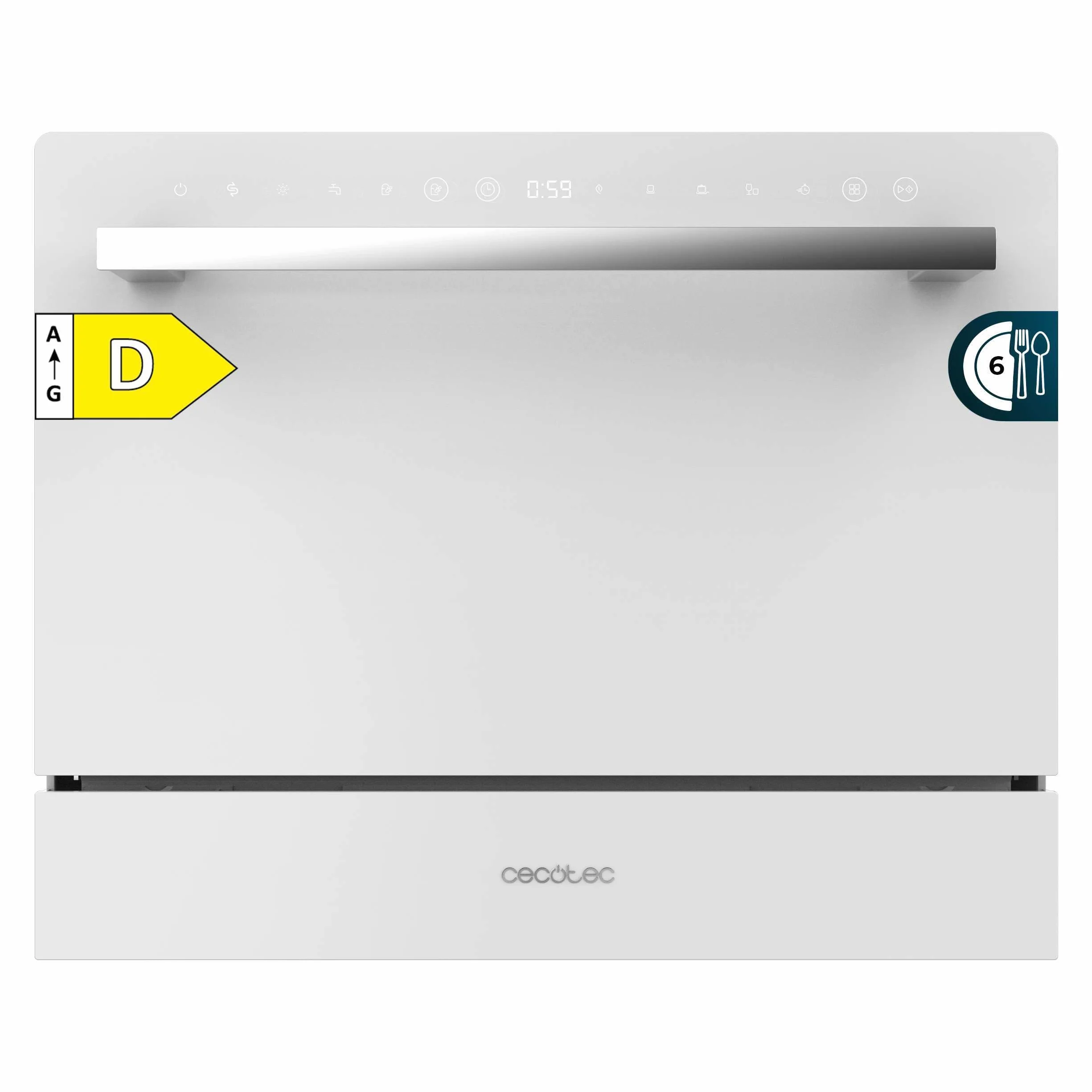 Cecotec Lavavajillas Compacto 6 Cubiertos Bolero Aguazero 2400 White Glass. 1380W, Acabado Cristal Blanco, 5 Programas, Control Panel Táctil, Programable hasta 24h, Child Lock y Cesta para Cubiertos