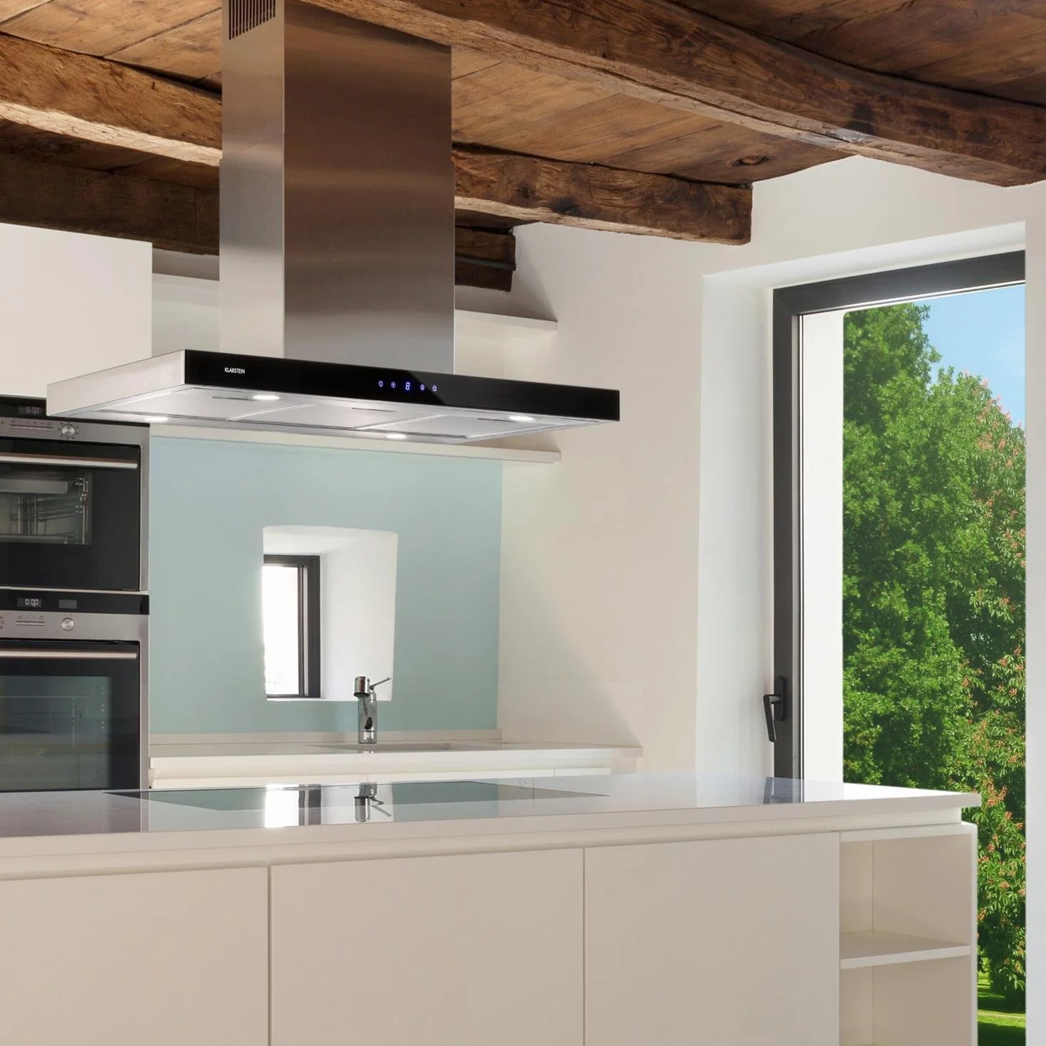 Klarstein Madonna - Campana extractora en isla, 90 cm Ancho, 3 potencias, Ventilación 500 m³/h, Filtro Antigrasa, Pantalla, Lámparas halógenas, Acero Inoxidable, Clase Energia C, Plateado