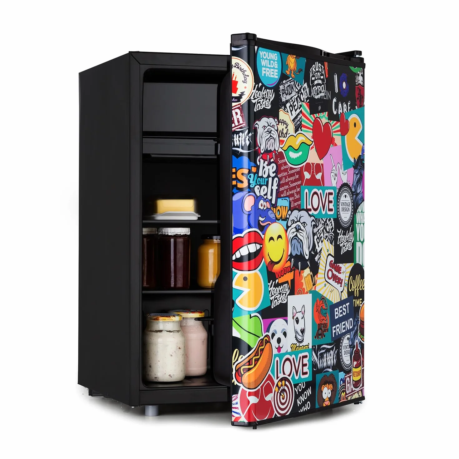 Klarstein Cool Vibe - Refrigerator, capacity: 70 litres, VividArt Concept: door with sticker bomb design print, ice compartment, ice cube tray, noise level: 42 dB, black
