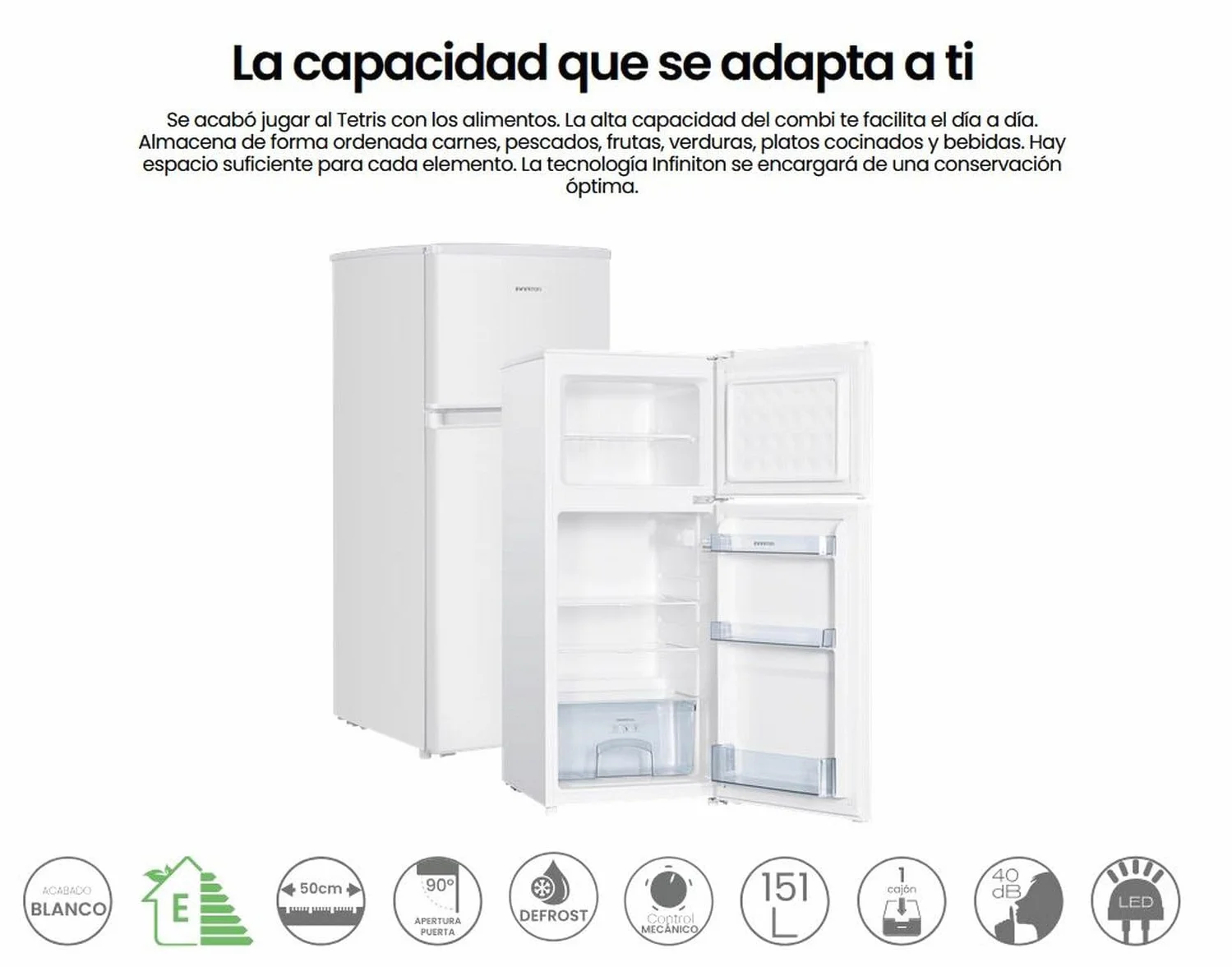 Frigorifico Dos Puertas Infiniton FG-151D12BEV, 151 Litros, 122 cm de Altura, Ancho de 50 cm, Ciclico, LED Interior, Regulación en altura, E, Blanco