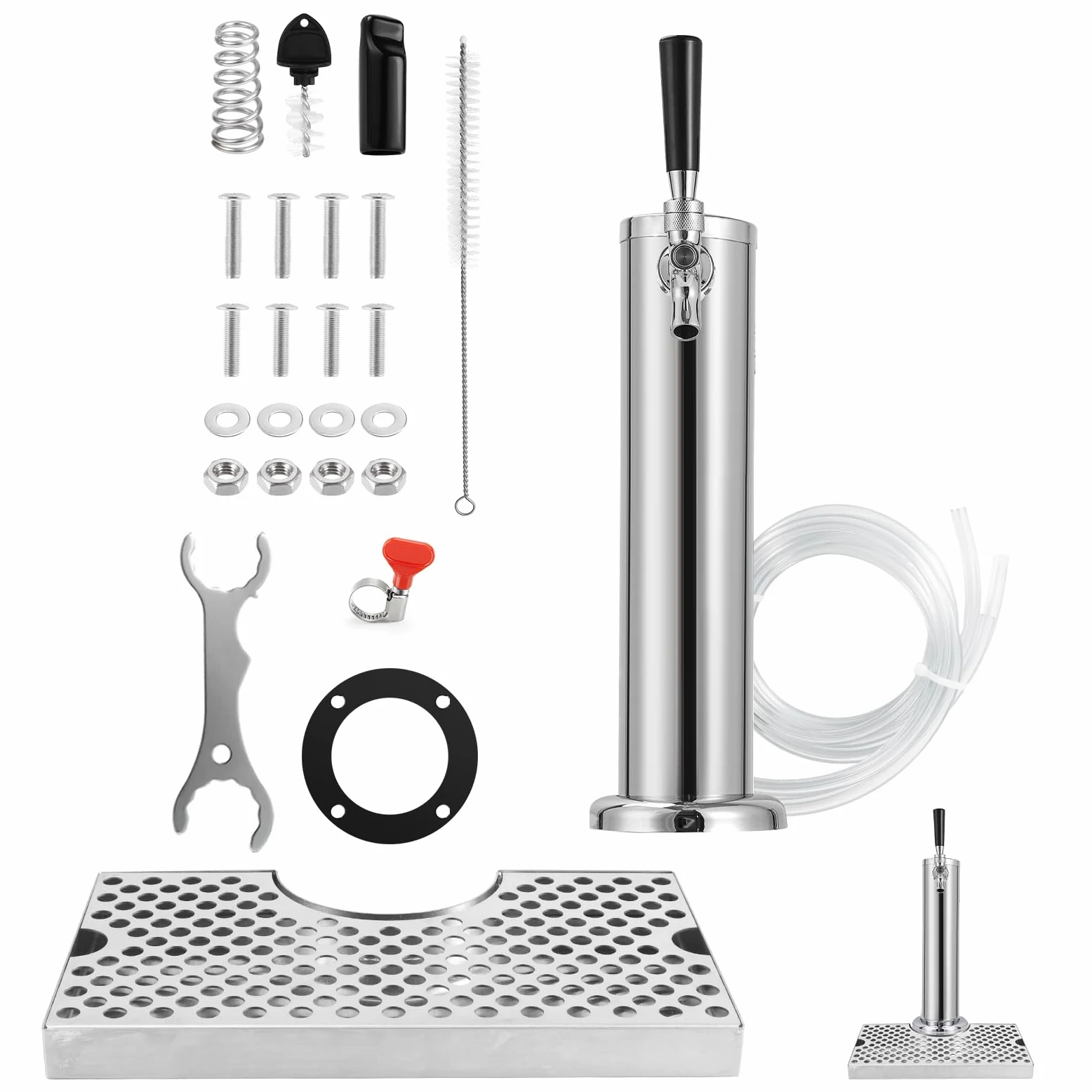 Torre de grifo de cerveza Kegerator de un solo grifo con bandeja de goteo de cerveza de acero inoxidable, torre de barril de cerveza preinstalada con bandeja de goteo de barril de piezas Kegerator
