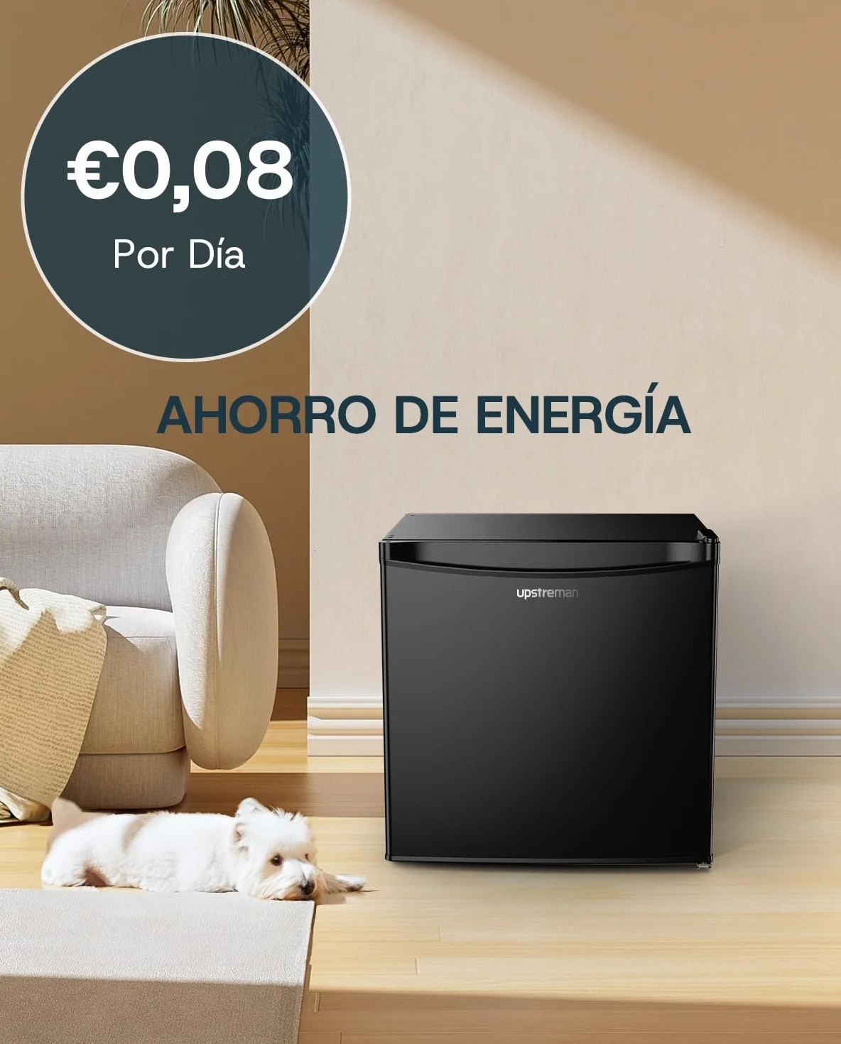 Upstreman 46L Mini Nevera con Congelador, 1℃-8℃ Termostato Ajustable, Ahorro de Energía, Silencioso, Minibar para Dormitorio, Oficina, Hotel, FR17- negro brillante