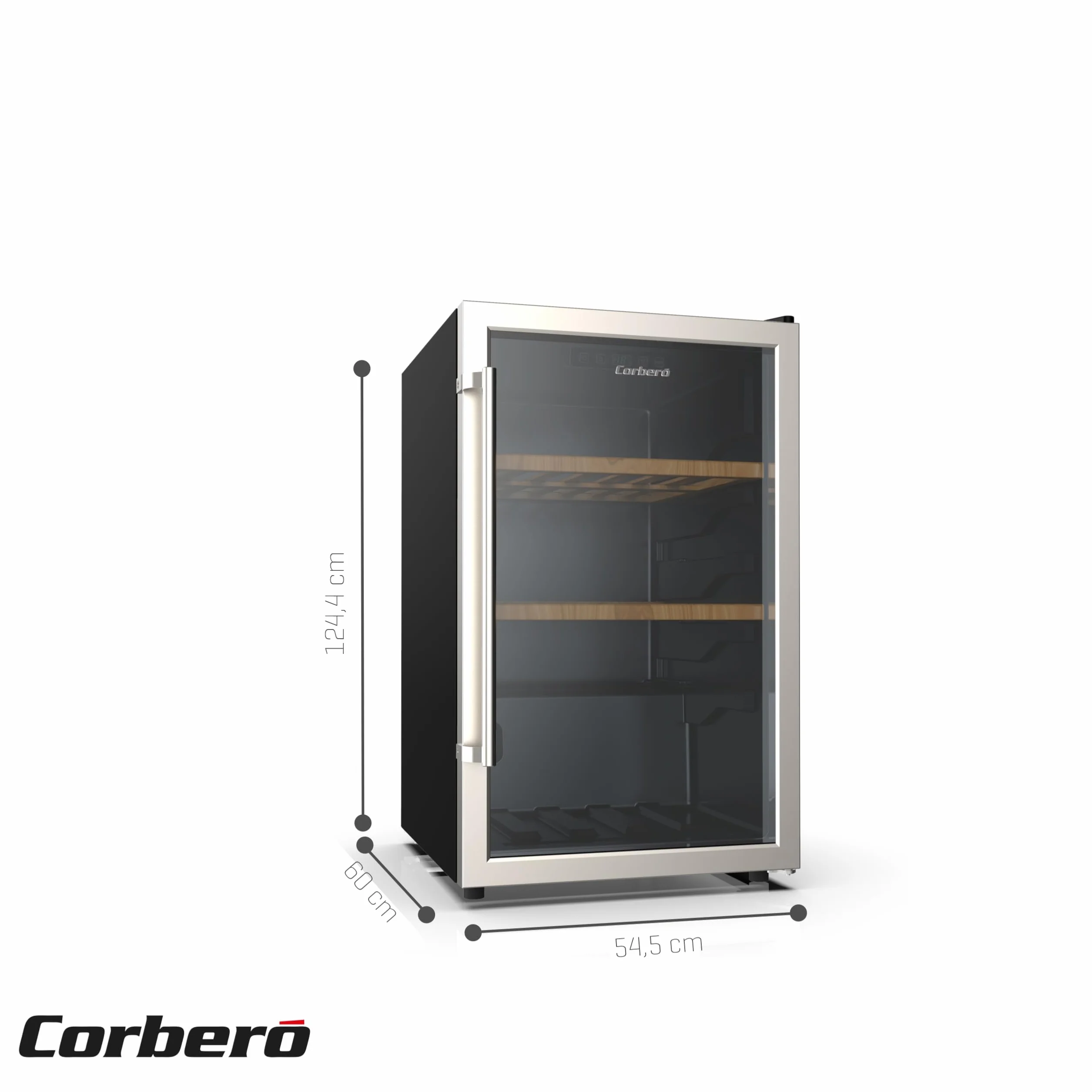Corberó - Vinoteca CFKWC61SW | 126L | 61 Botellas | Puerta Cristal | Display LED | 2 Estantes Madera | Rango Temperatura 5-20ºC | Nevera para vinos | Negro