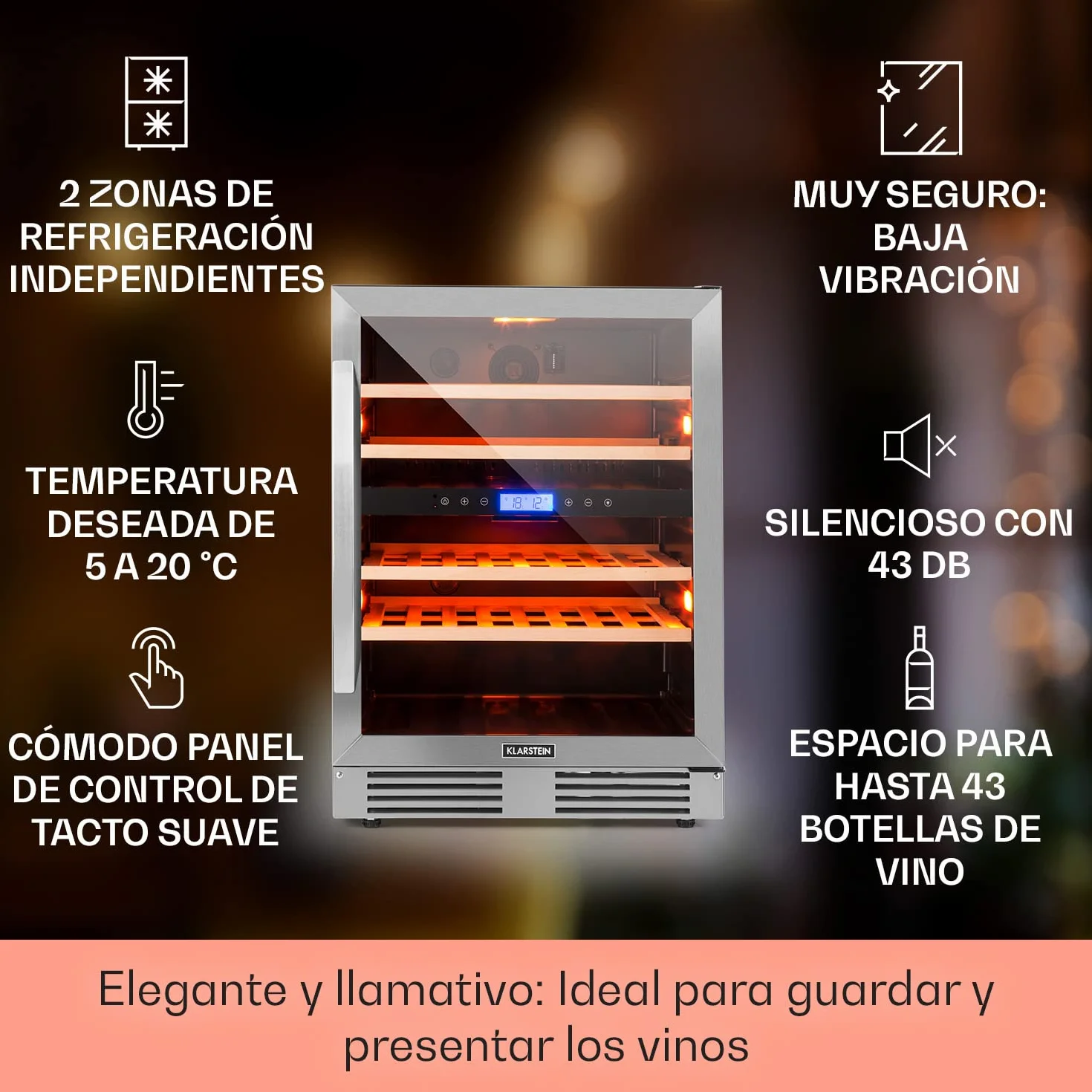 Klarstein Vinoteca para Vinos de 129L Nevera Vino Zona Doble, Botellas Vino, Proseco y Cervezas, Vinoteca Pequeña Puerta Cristal para Interior y Exterior, Nevera para Vinos Capacidad 43 Botellas