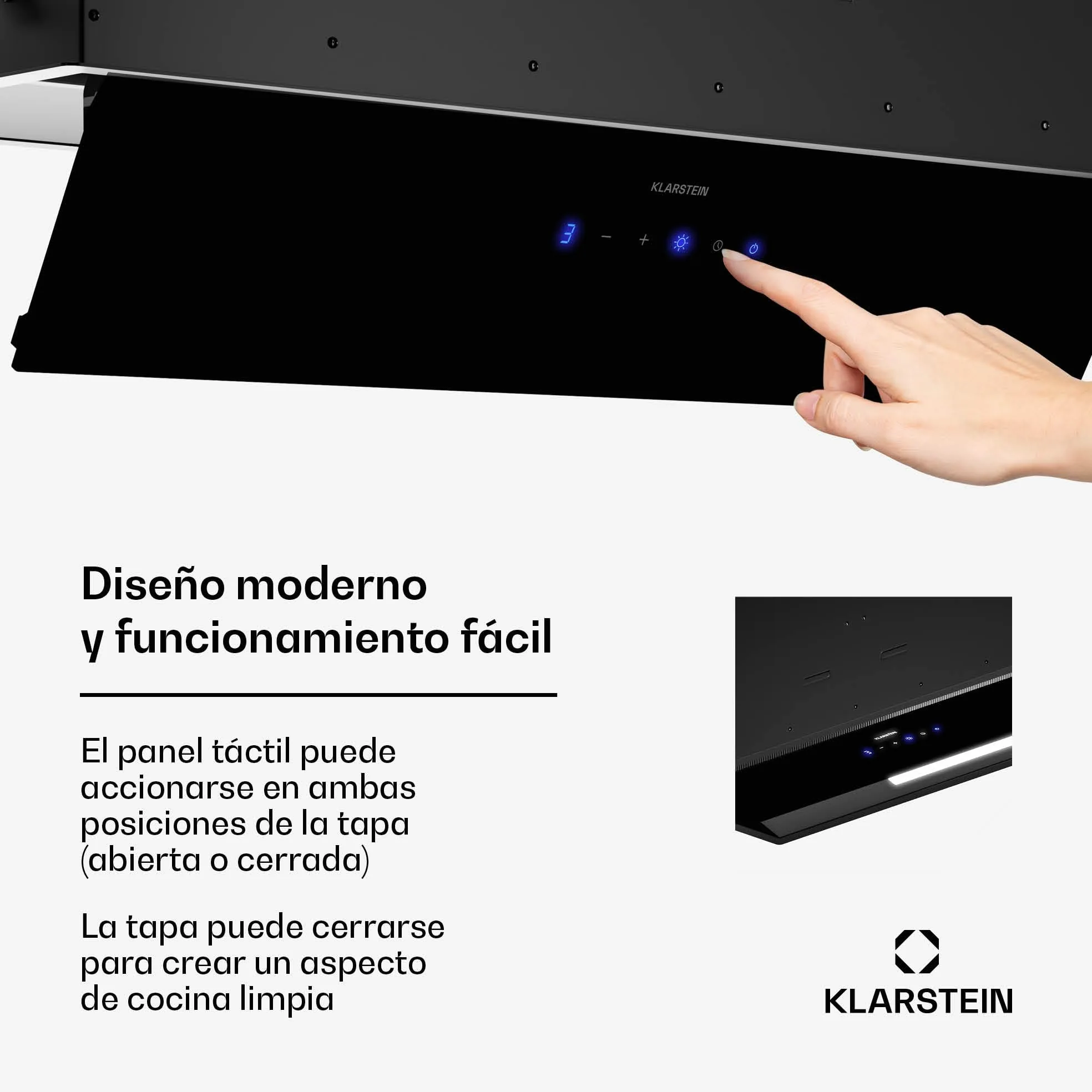 Klarstein Ventimate Campana Integrada, 85cm Campana Extractora con Control Táctil, 390 m³/h, Eficiencia Energética A+, Motor Silencioso, Luz LED, Filtro de Carbón para Recirculación, Negro