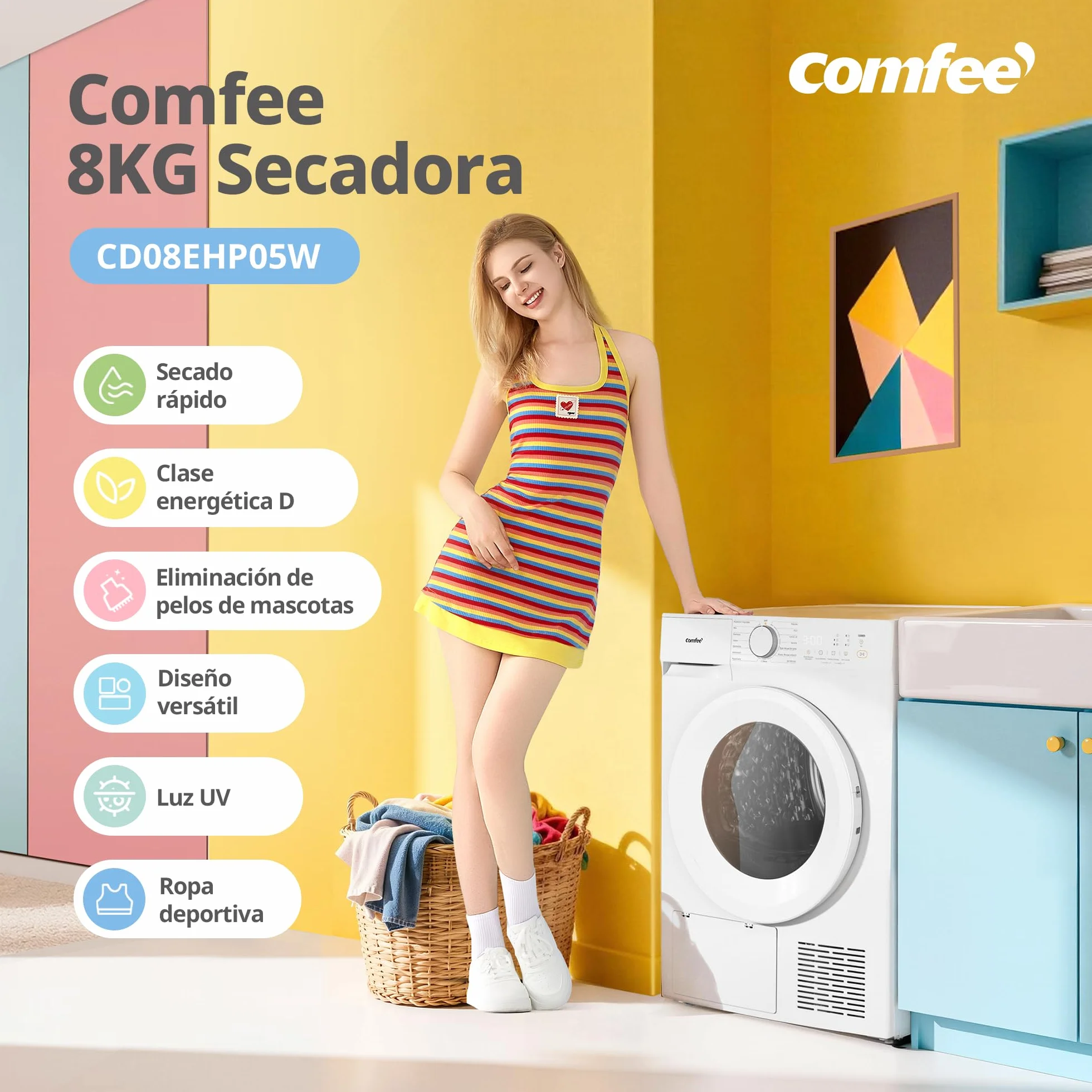 COMFEE' Secadora de Ropa 8 kg, Clase D, Secado rápido, 15 programas, Secado Anti Arrugas, Bomba de Calor, Función de refresco, CD08EHP05W, blanco