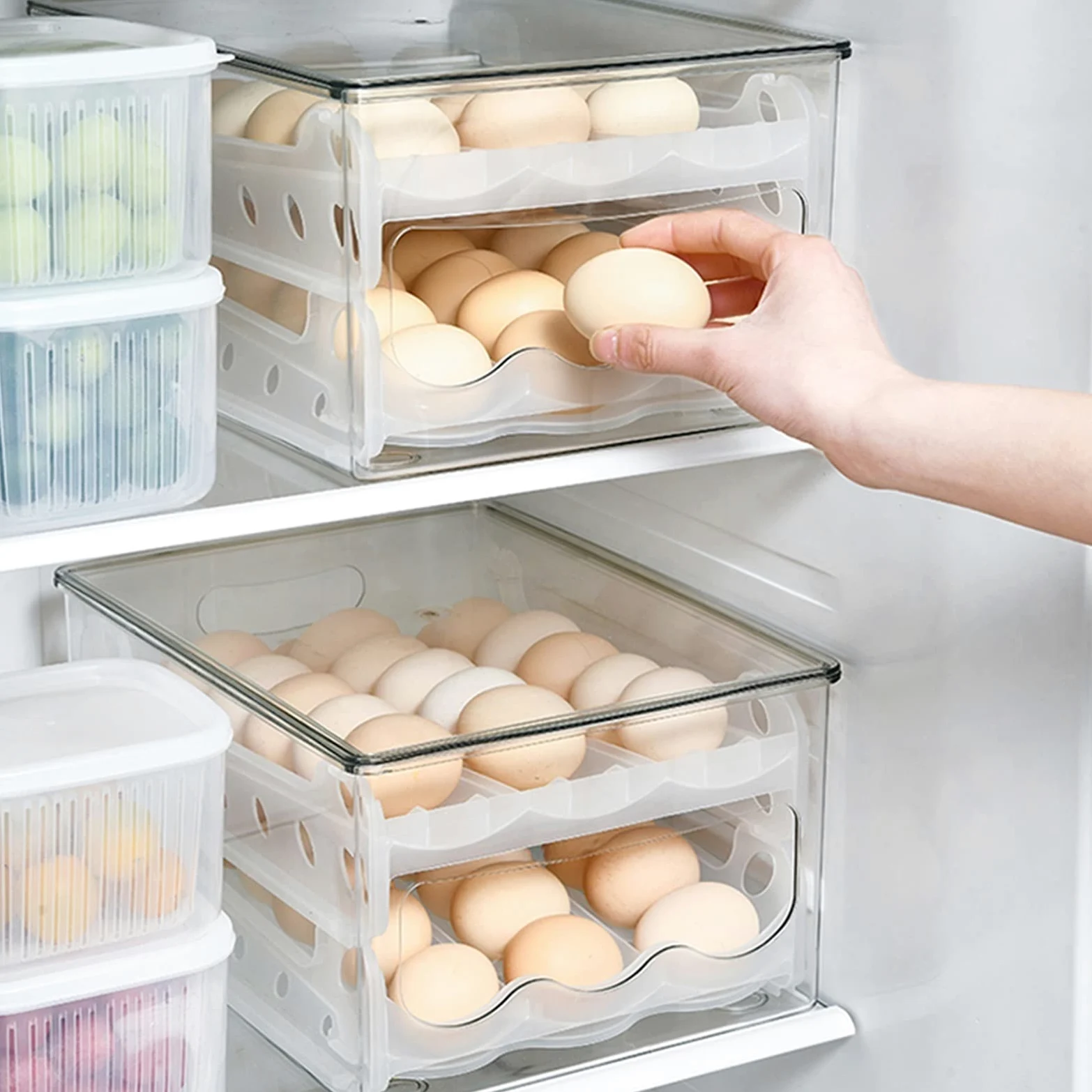 Caja de Huevos para Nevera, Caja de Almacenamiento Deslizante automática, organizadores de Nevera, Soporte para Huevos, contenedor, cajón de Nevera, Caja de Huevos apilable