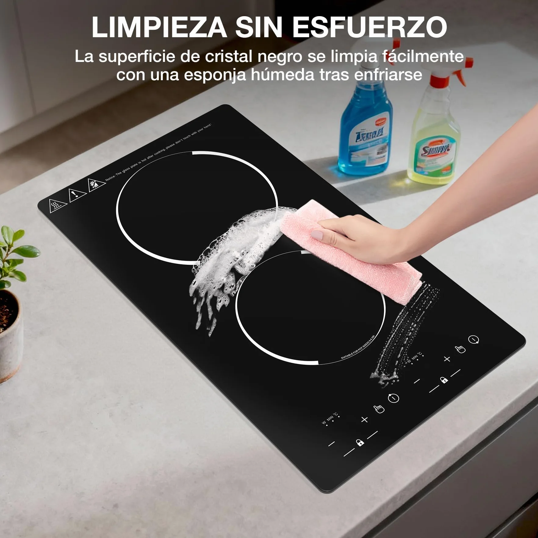 Placa de Inducción 2 Fuegos 3000W, Placa de Cocción Eléctrica 220-240V 51cm con 9 Niveles de Potencia y Temperatura, Temporizador & Indicador de Calor Residual - Encastrable o de Sobremesa